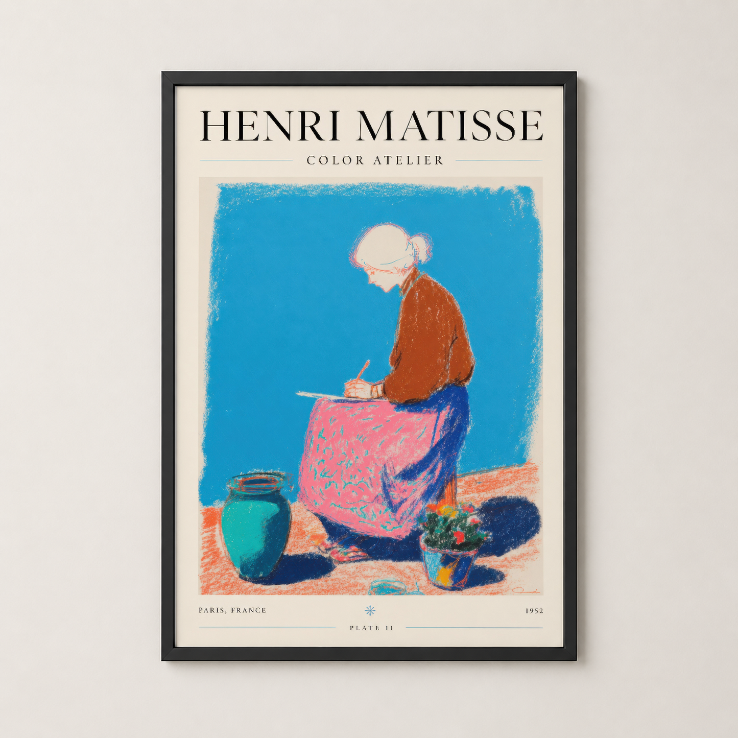 Matisse Color Atelier posteri siyah çerçevede, canlı renkleriyle modern duvar sanatı, minimalist iç mekan dekorasyonu