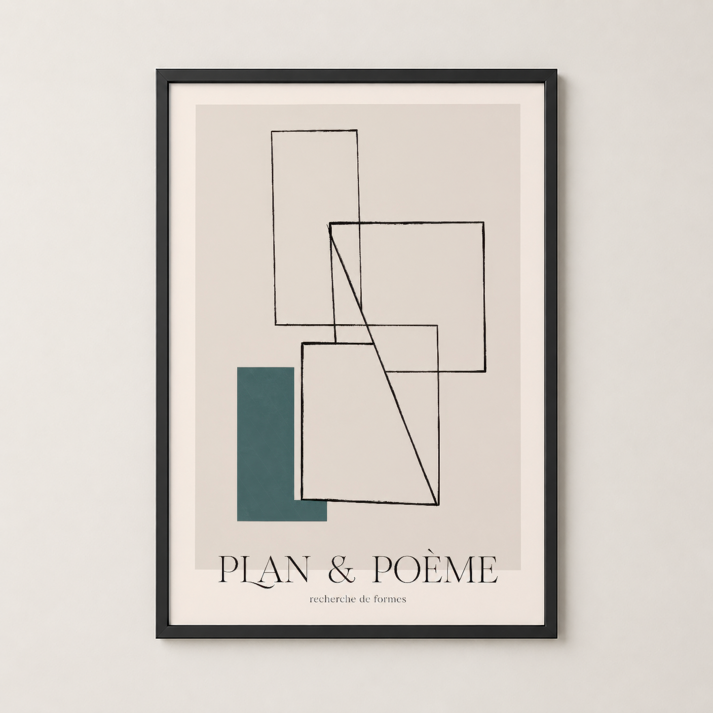 Plan & Poème tablosu siyah çerçeveli versiyonda, soyut çizgi sanatı ve denge estetiklerini ortaya koyan.