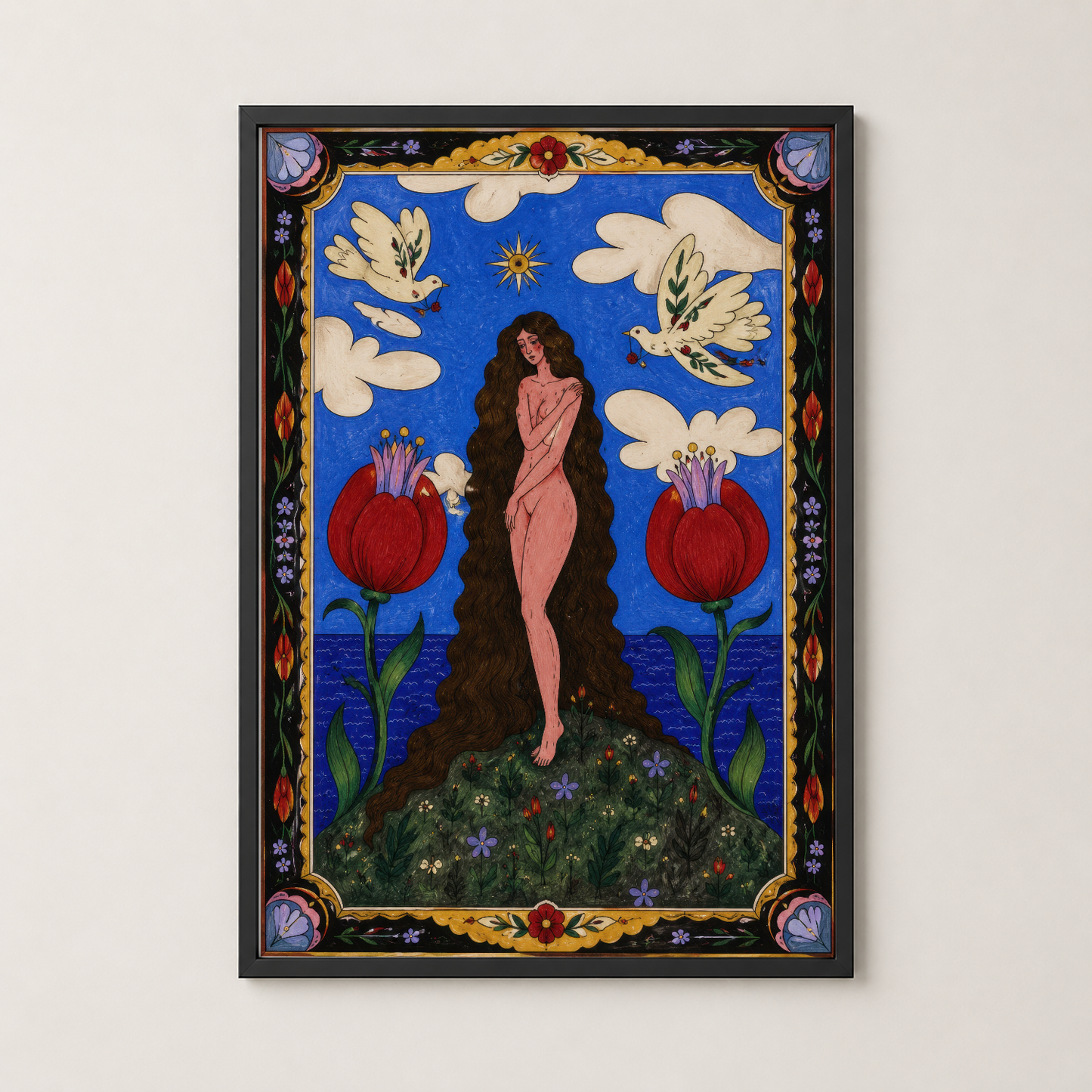 Modern siyah çerçevede, mitolojik kadın portresi, kırmızı çiçekler ve gökyüzü motifleriyle zenginleştirilmiş sanat poster.