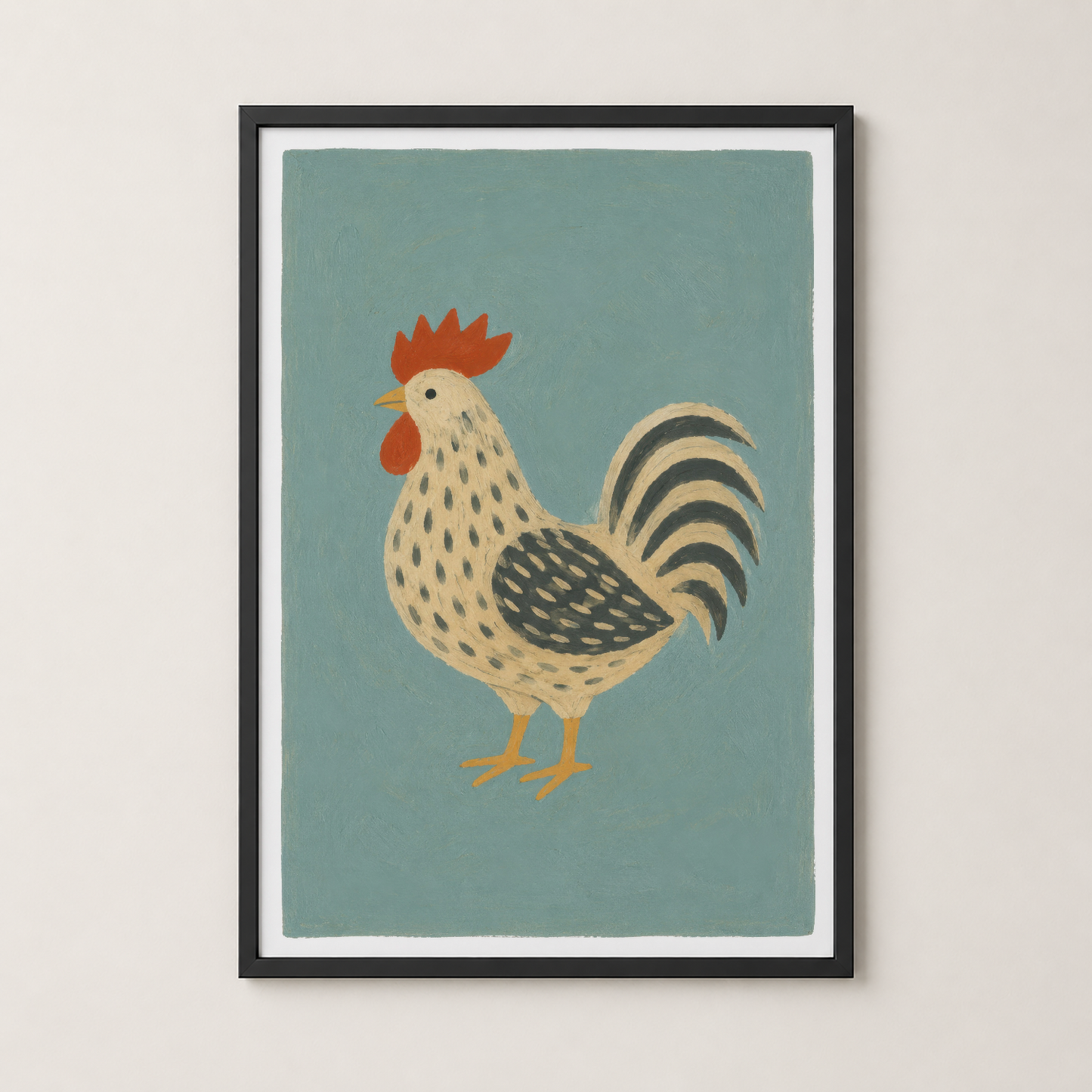 Siyah çerçeveli, horoz motifli türkuaz poster modern dekorasyon için.