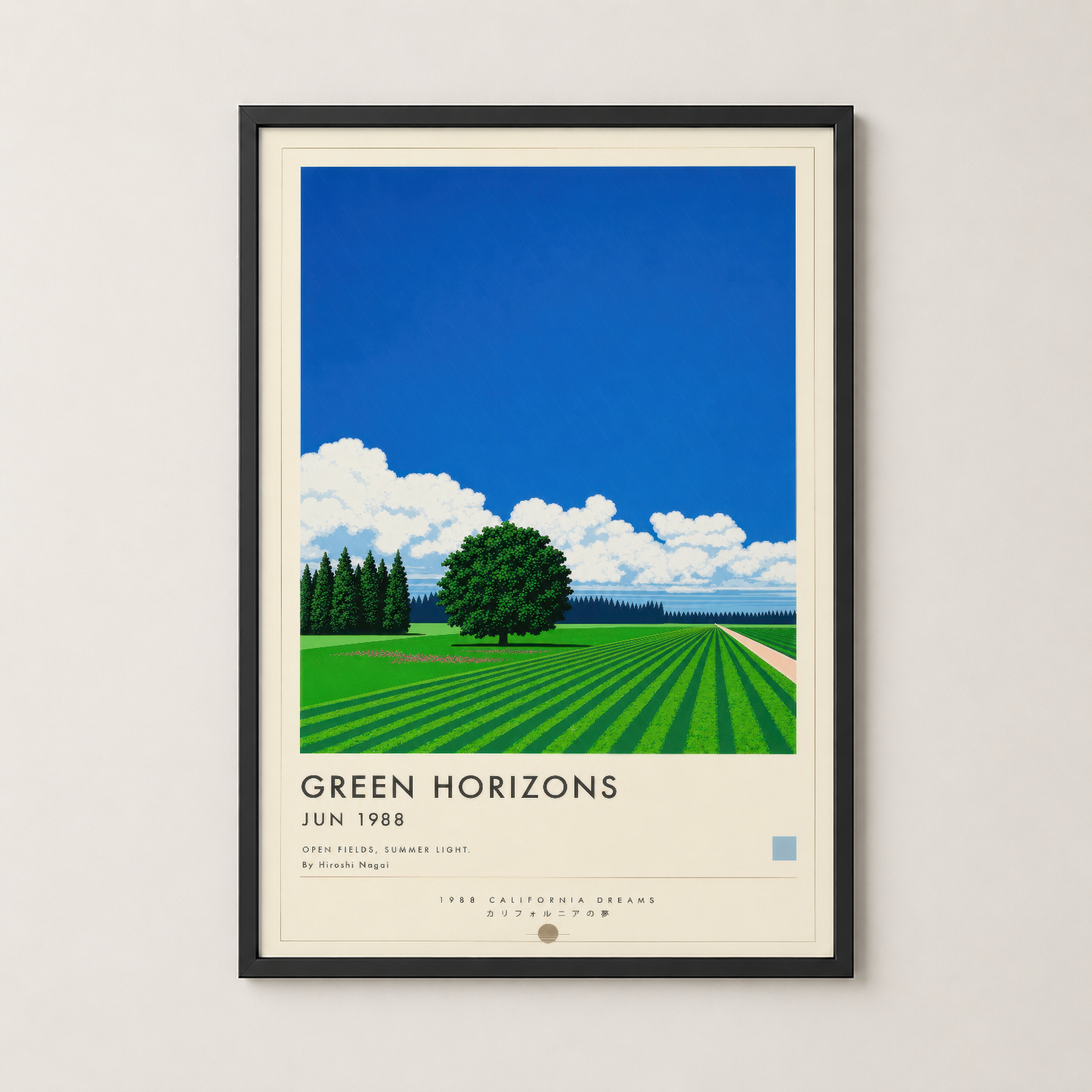 Siyah çerçeveli Green Horizons posteri, pastoral manzarası ve 1988 vintage estetik tasarımıyla dekor için ideal.