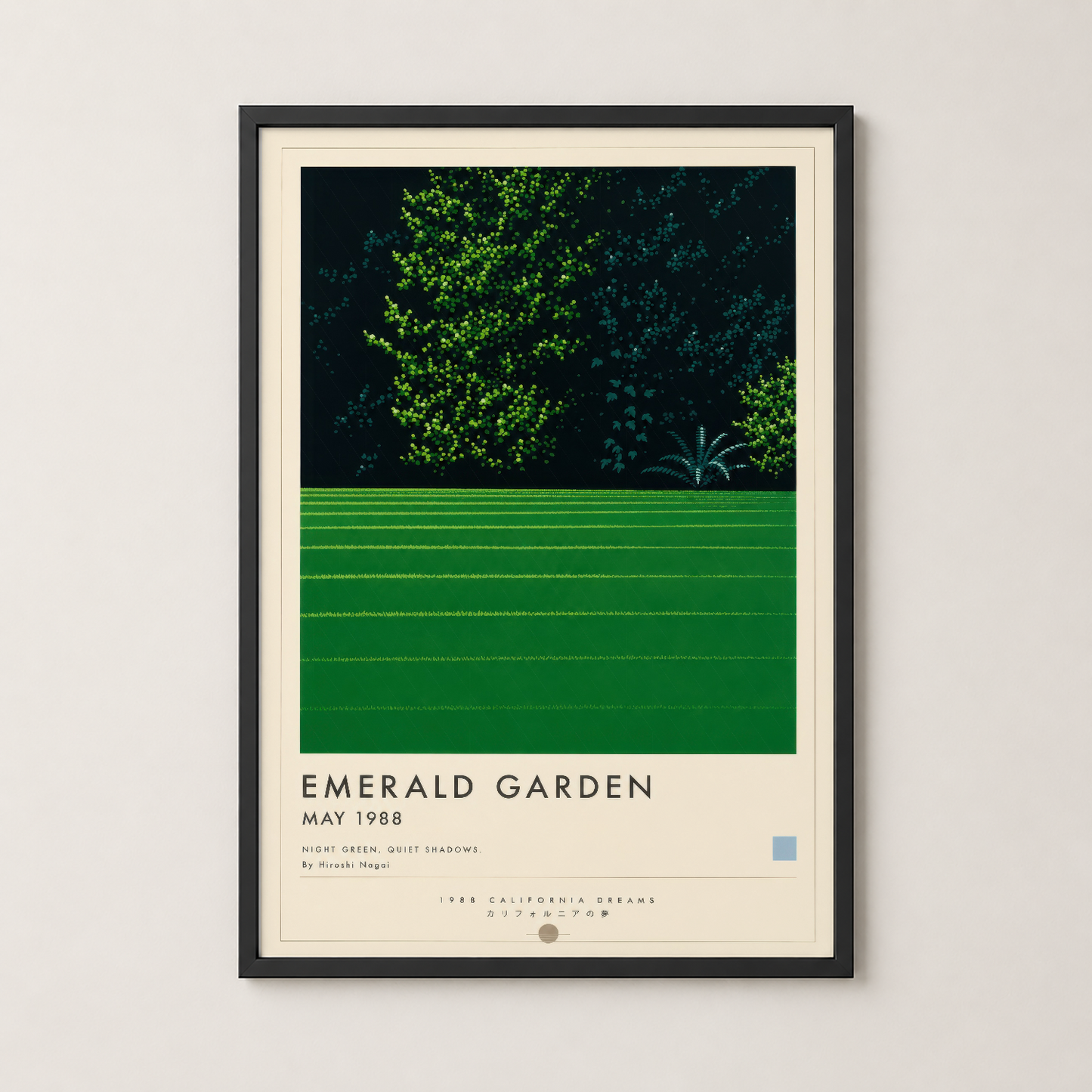 Siyah çerçeveli Emerald Garden posteri, modern iç mekanlarda doğal güzelliği ve huzuru vurgulayan şık bir duvar dekorasyonu.