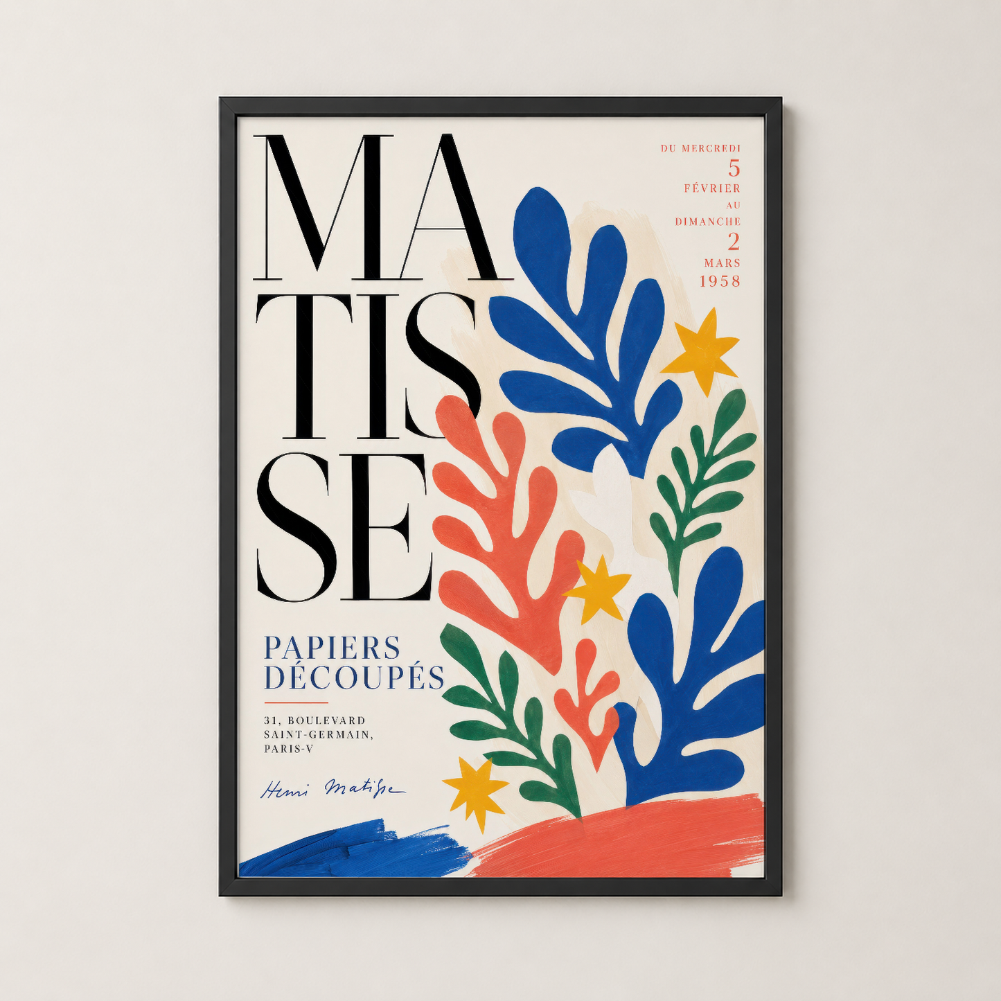 Matisse sergisi posteri siyah çerçevede, renkli yapraklarla dekoratif duvar sanatı, minimalist iç mekan aksenti.