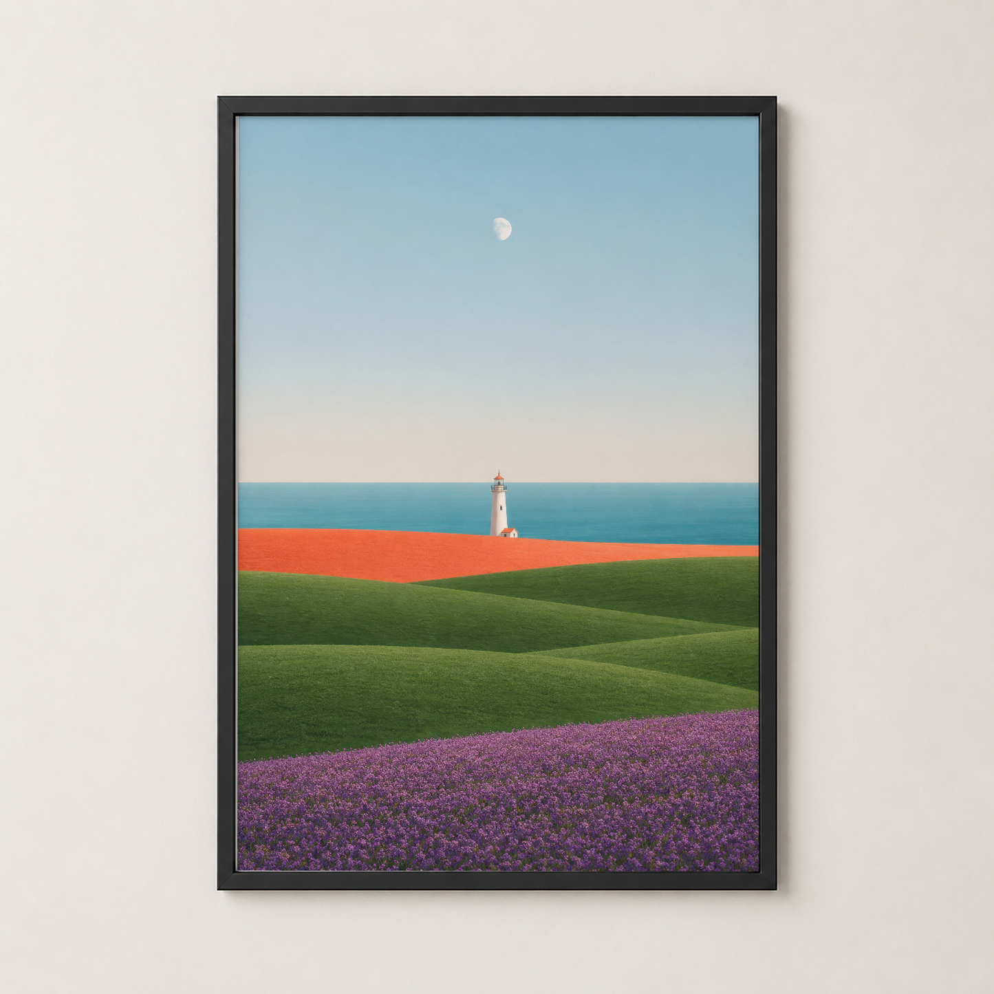 Siyah çerçeveli, deniz kenarı lighthouse sahnesi ve mor çiçek tarlası duvar posteri