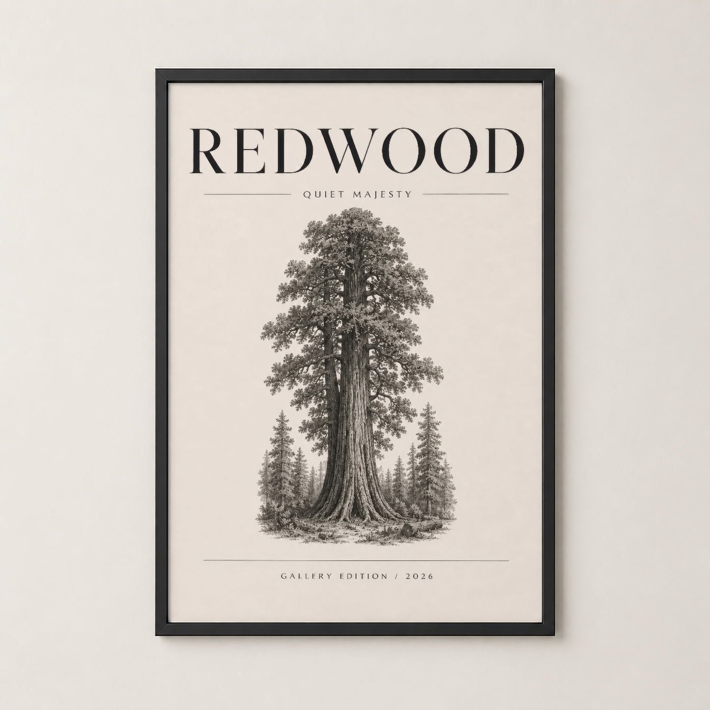 Redwood Quiet Majesty tablosu siyah çerçevede, orman konulu minimalist tasarım duvar sanatı.