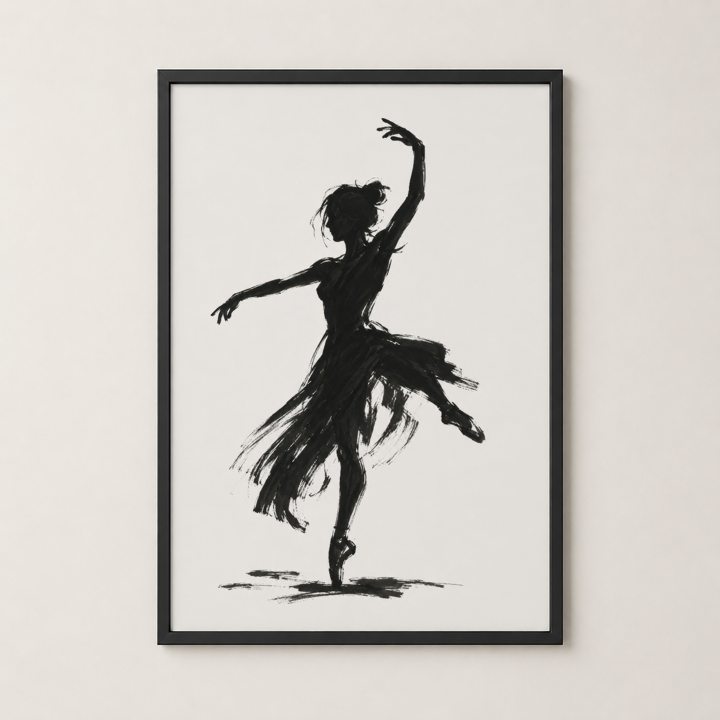 Balerin silueti posteri siyah çerçevede, modern iç dekorasyonda etkileyici duvar sanatı.