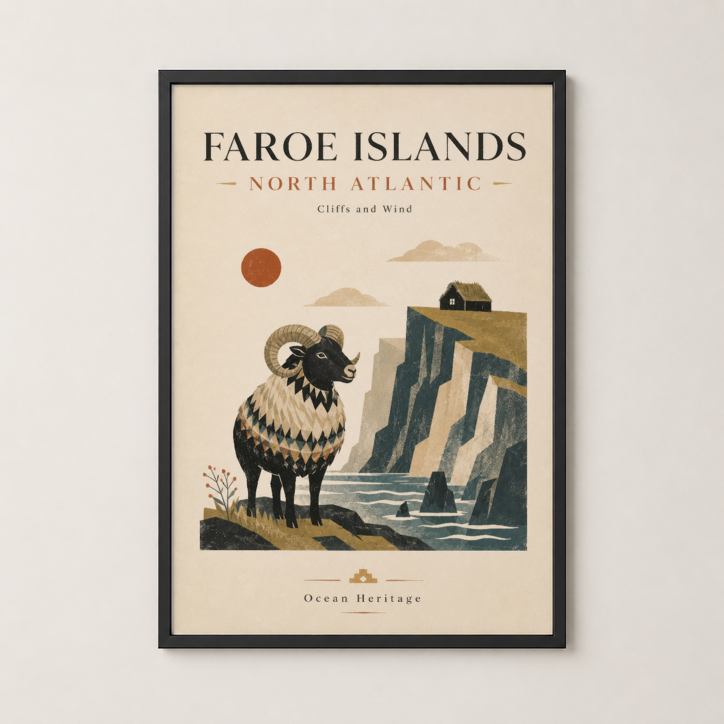 Faroe Islands posteri siyah çerçevede, koç ve uçurumlar motifli vintage stil dekorasyon.