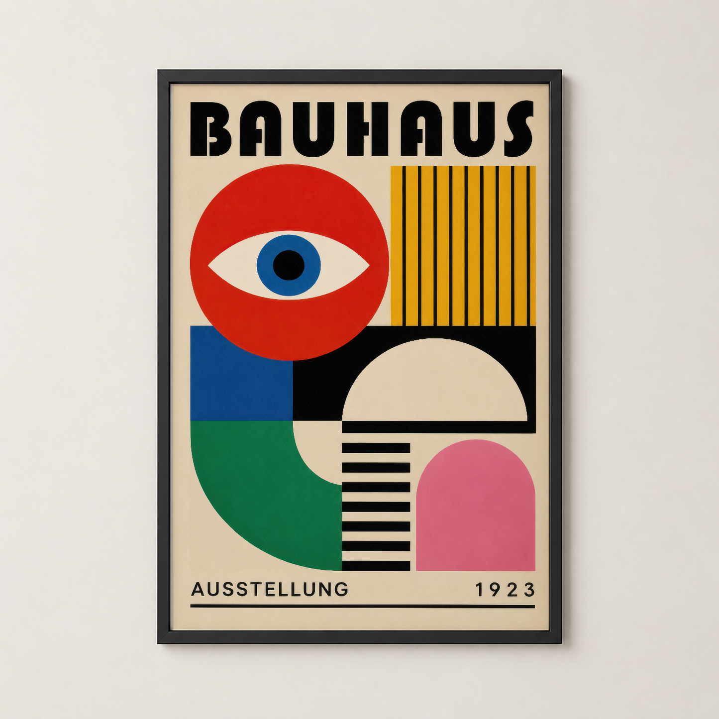 Bauhaus 1923 sergisi tablosu siyah çerçevesi ile modern duvar dekorasyonu için.