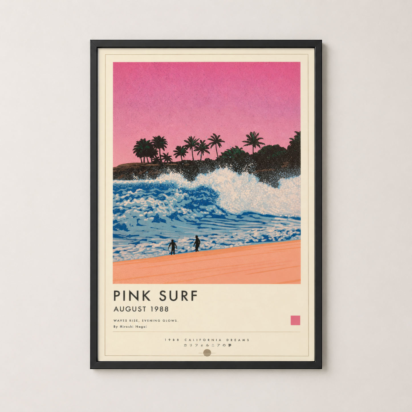 Siyah çerçeveli Pink Surf posteri, retro California beach sanatı ve nostaljik ruh ile dekorasyon.