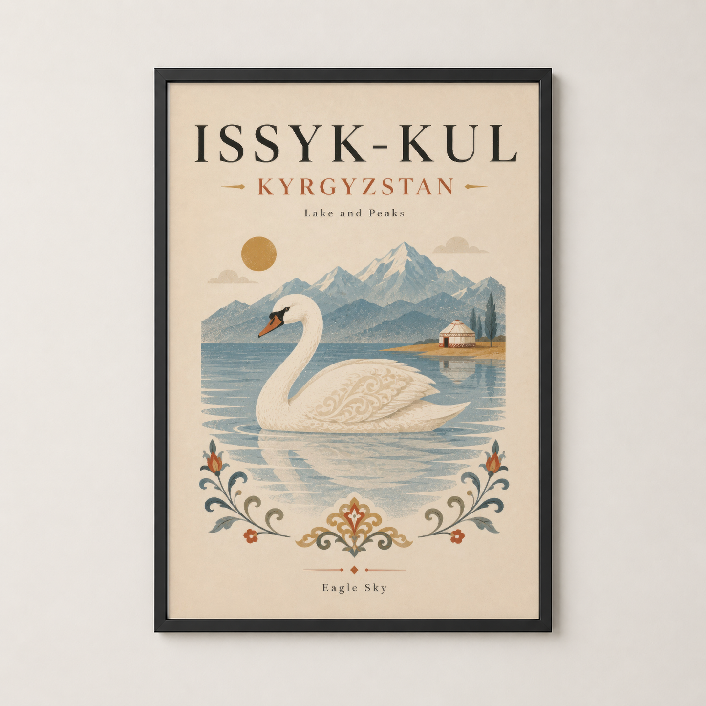 Siyah çerçeveli Issyk-Kul Kırgızistan posteri; kuğu, dağ ve gölün vintage sanat stili duvar dekorasyonu.