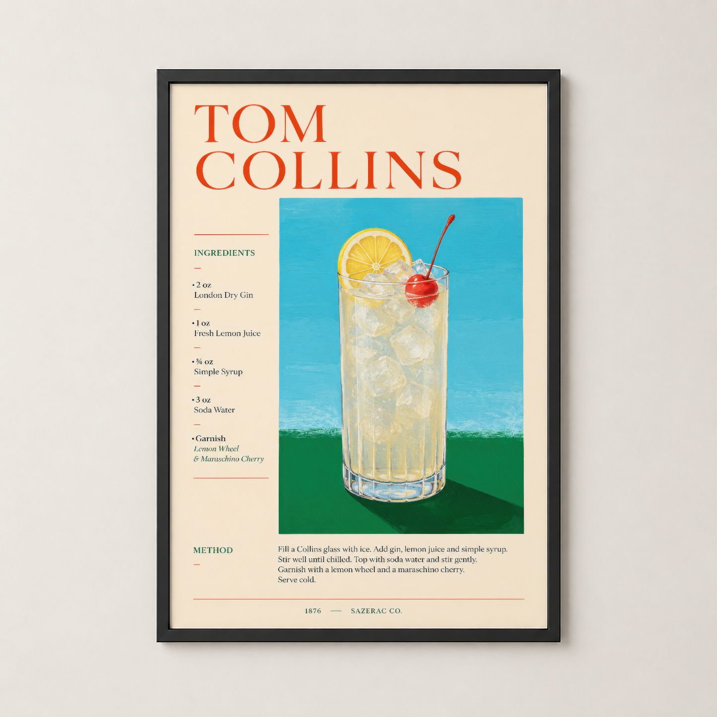 Tom Collins kokteyl posteri siyah çerçevede, klasik içecek reçetesi sanat tablosu.