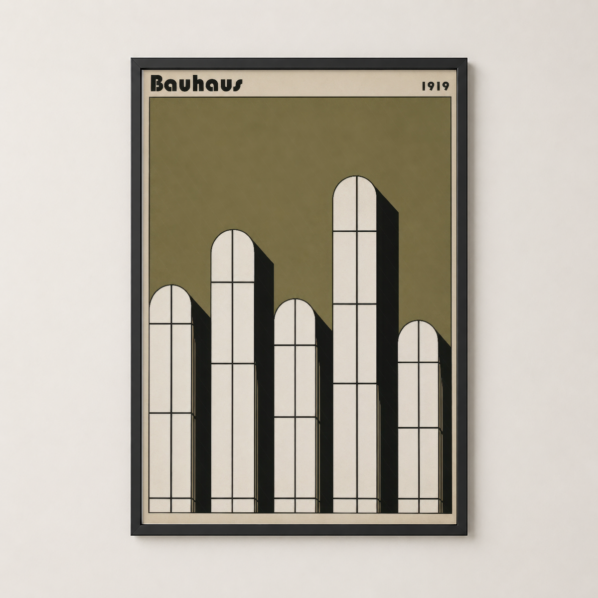 Bauhaus 1919 tasarımı siyah çerçevede, stilize edilmiş kuleler ve pencere motifli duvar tablosu