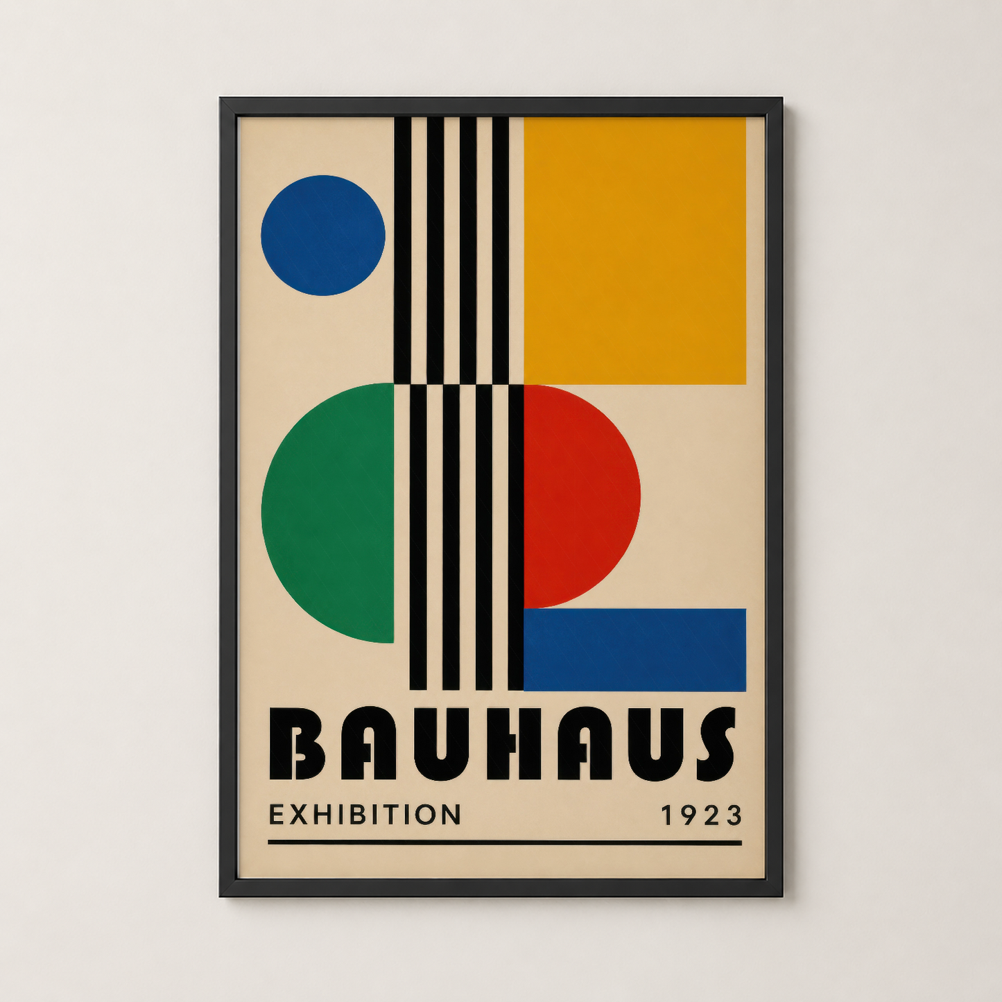Siyah çerçeveli Bauhaus 1923 sergi posteri, renkli daireler ve dikdörtgenlerle dekoratif duvar sanatı.