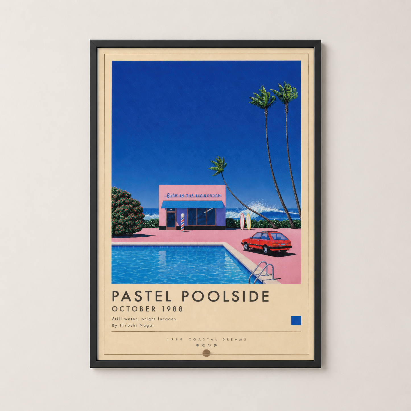 Pastel Poolside posteri siyah çerçevede, vintage sahil teması ve minimalist stil ile modern iç mekanda.