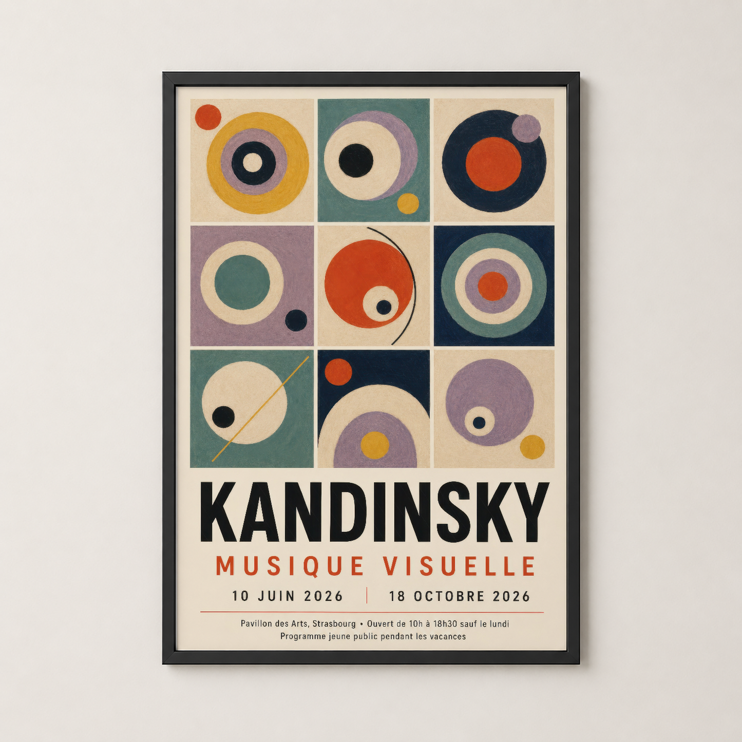Kandinsky posteri siyah çerçevede, 9'lü grid deseni ile renkli çemberler ve dinamik geometrik uyum sergileyen sanat eseri.