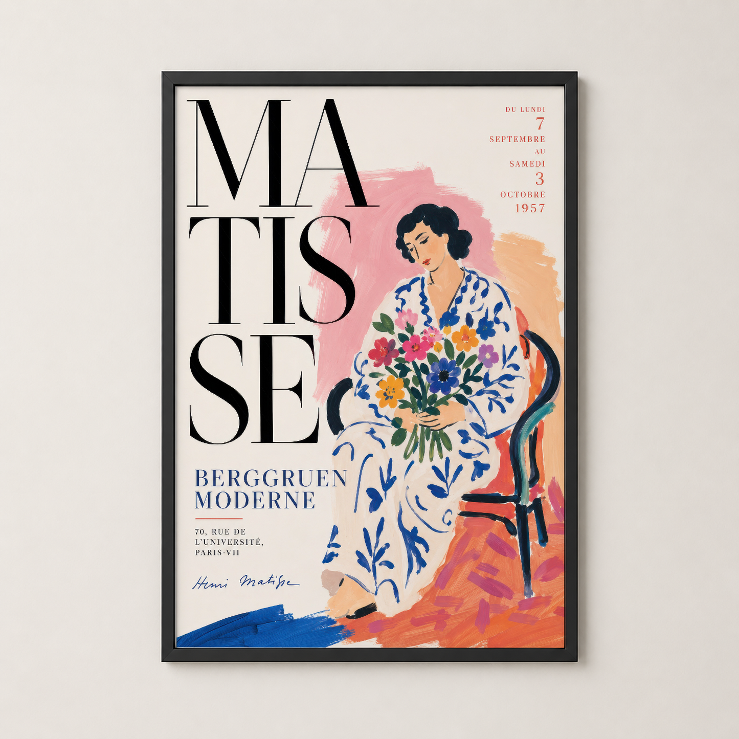 Matisse Berggruen Moderne tablosu, siyah çerçeveli, çiçek bukesi tutan kadın portresi ve pembe turuncu soyut arka plan.