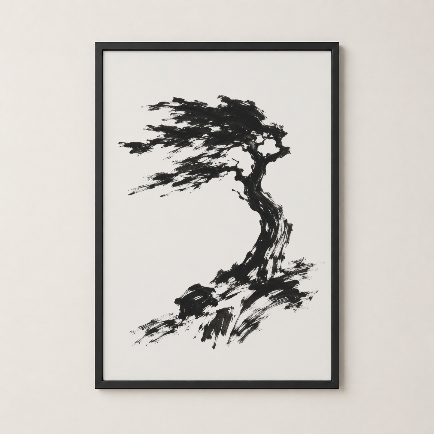 Siyah çerçevede, doğanın gücünü sembolize eden eğilmiş ağaç sanat tablosu, modern iç mekan için.