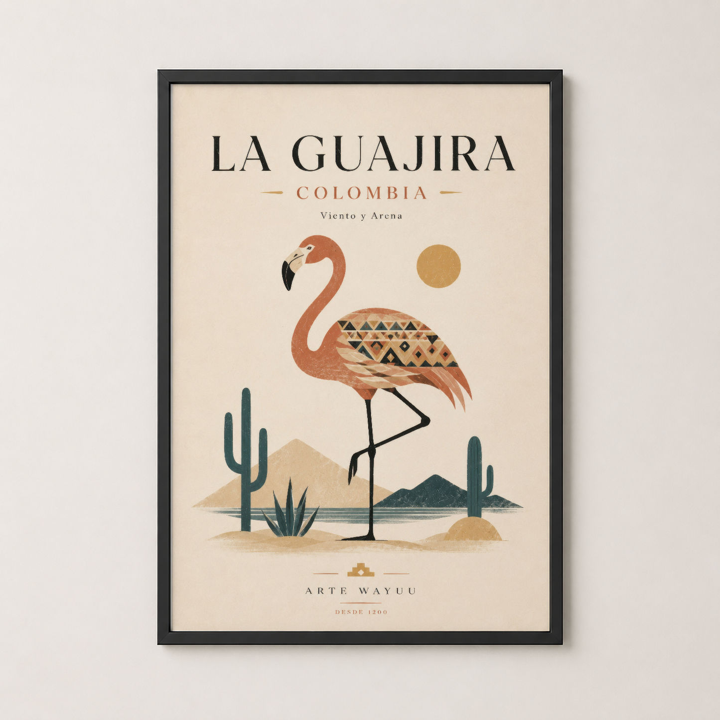 La Guajira Colombia posteri siyah çerçevede, flamingo ve kaktüs motifli boho sanat eseri.