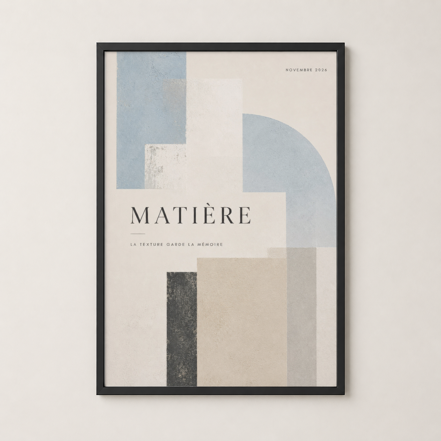 Matière posteri siyah çerçevede, soyut geometrik desenler ve dokulu detaylarla çağdaş duvar dekorasyonu.