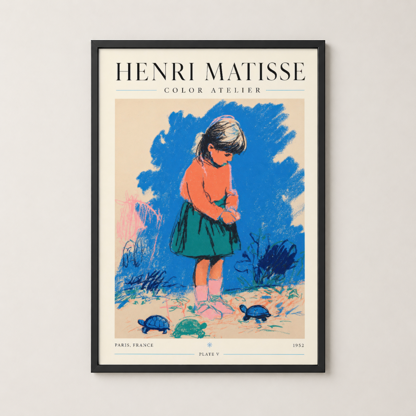 Siyah çerçevede Matisse Color Atelier tablosu, modern duvar dekorasyonu için şık bir sunum.
