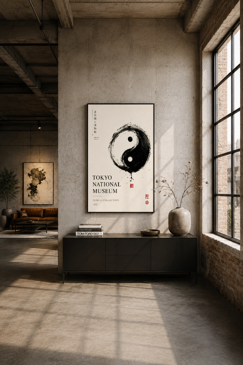 Endüstriyel loft alanının betonunda siyah çerçeveli poster, minimalista yin-yang deseni konseptüel dekorasyon sağlıyor.