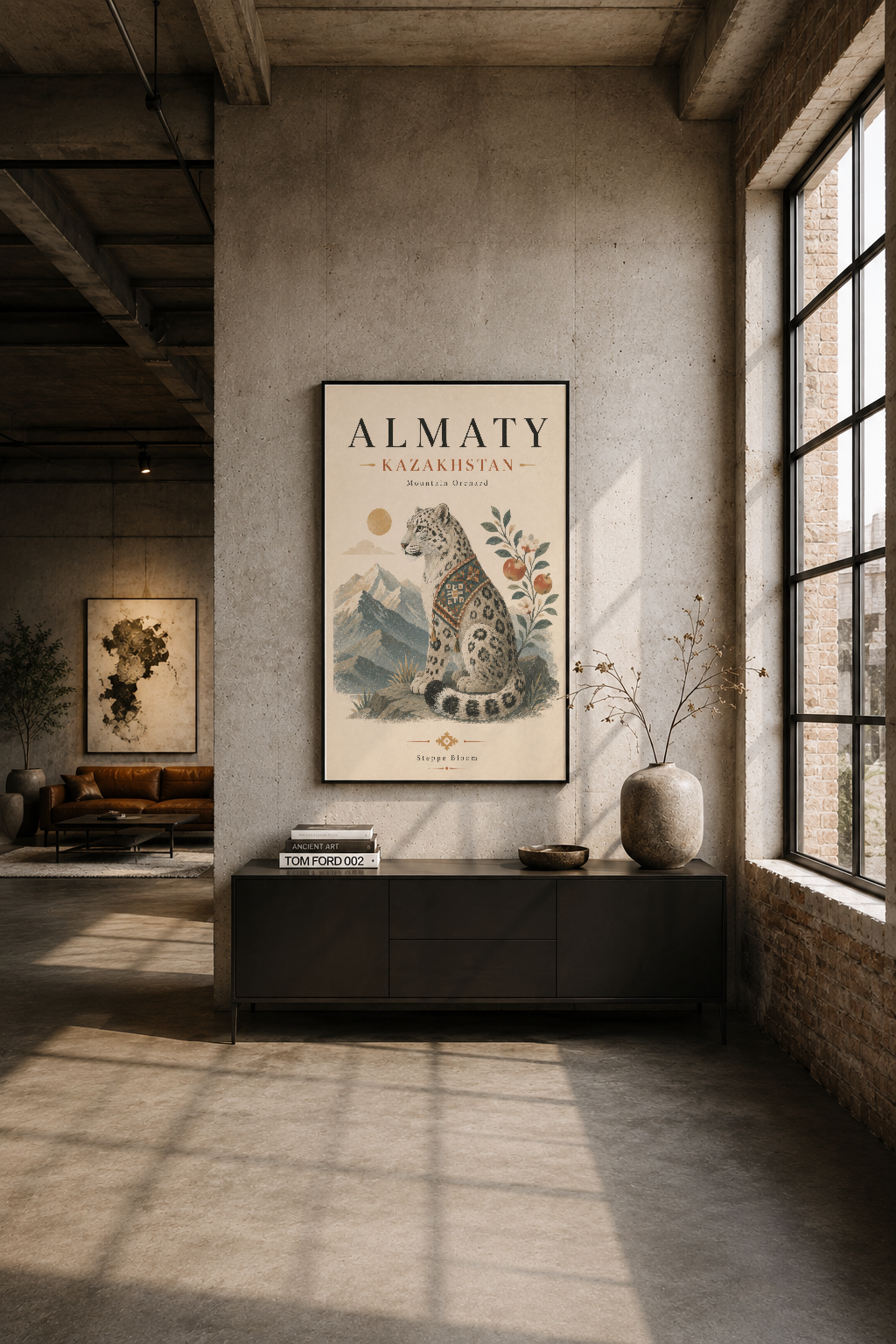 Modern endüstriyel salonda duvarına asılmış Almaty tablosu, minimalist interiyor tasarımını tamamlayan etnik sanat eseri.