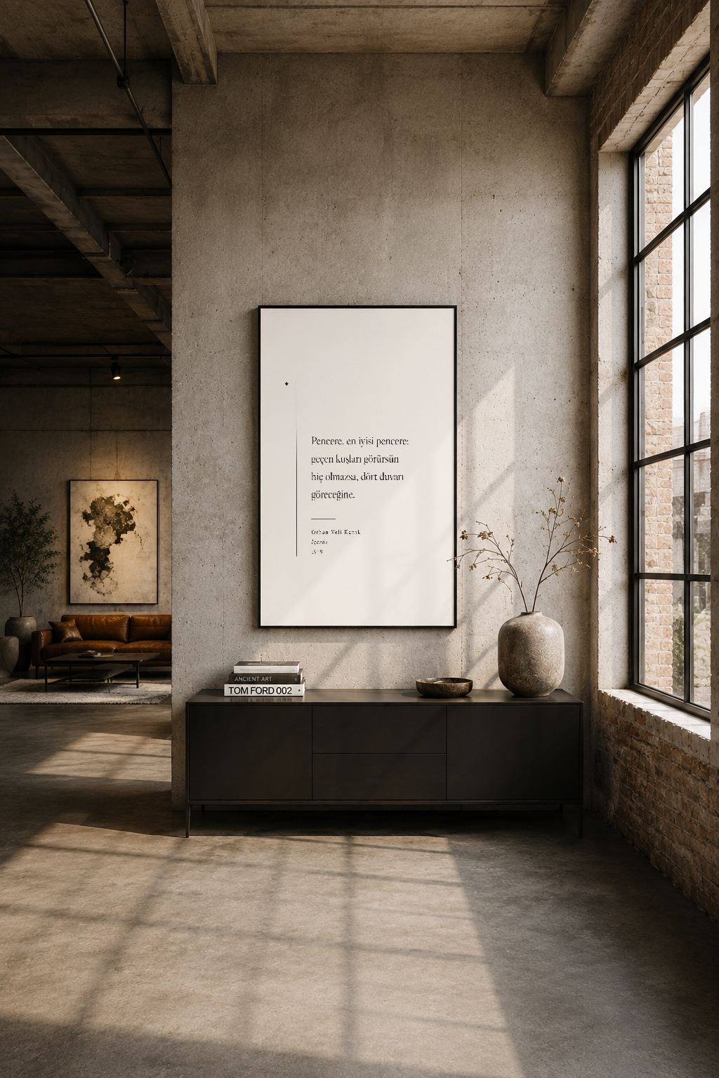 İstanbul loft stili oturma alanında siyah çerçeveli şiir tablosu, beton duvar dekorasyon görseli.