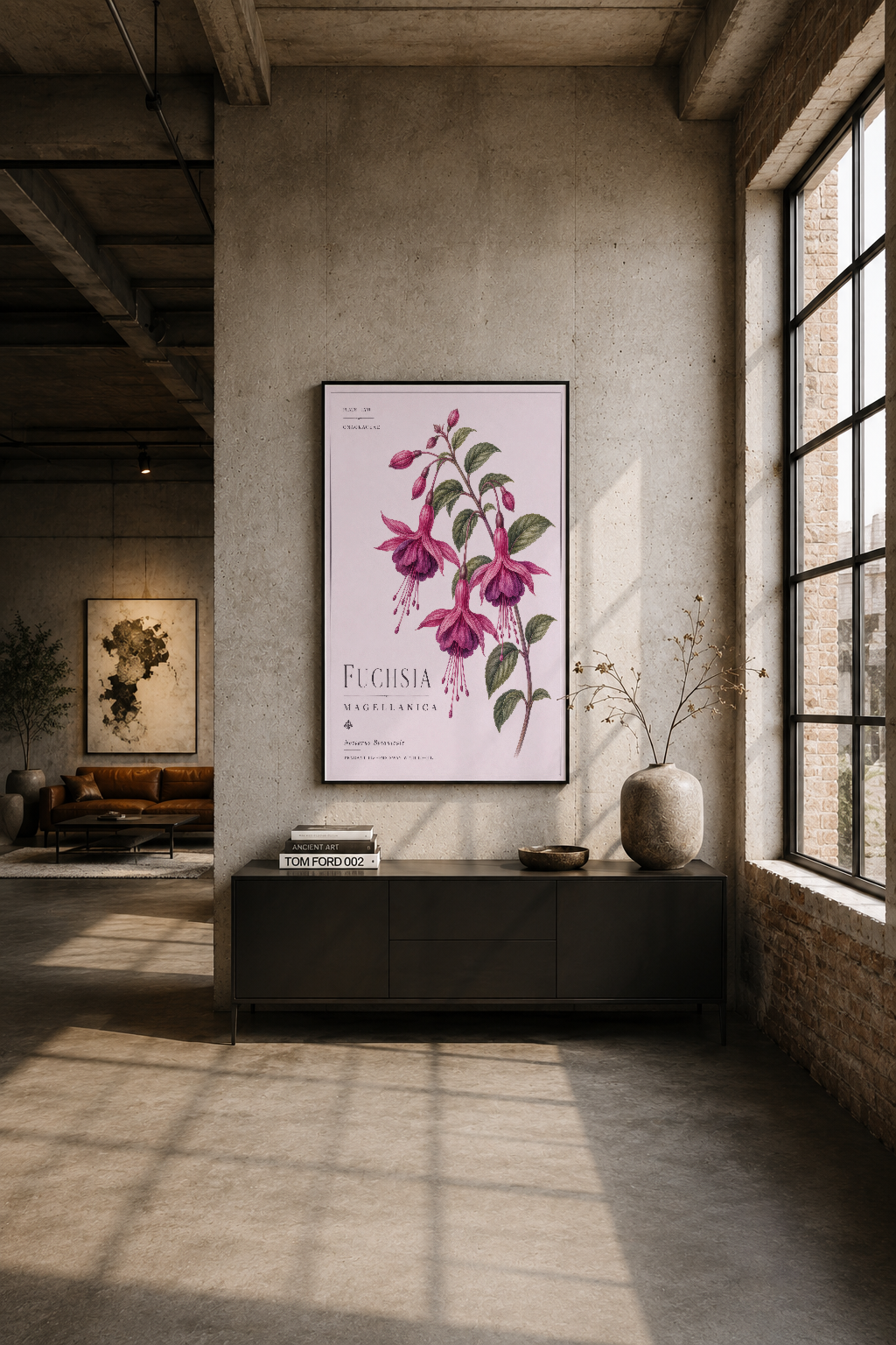Modern endüstriyel oturma odasında, siyah dolabın üstündeki duvarda Fuchsia botanik tablosu.