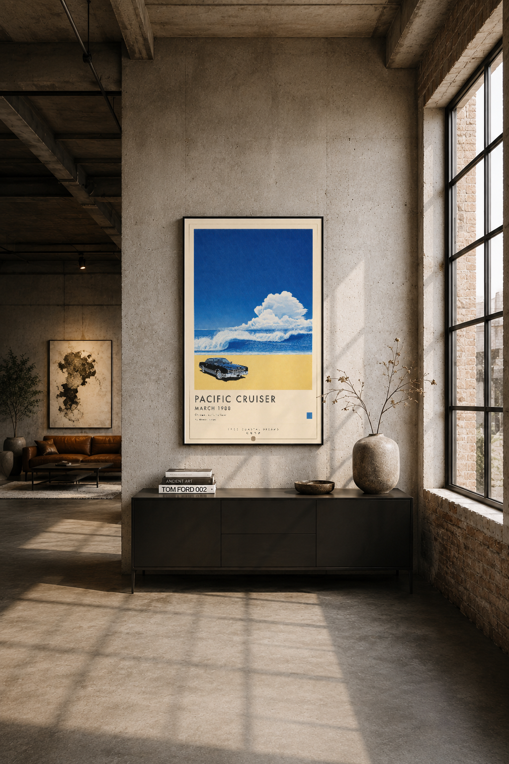 Endustriyel loft mekanında siyah çerçeveliyle asılı poster, minimalist dekor stilini vurgular