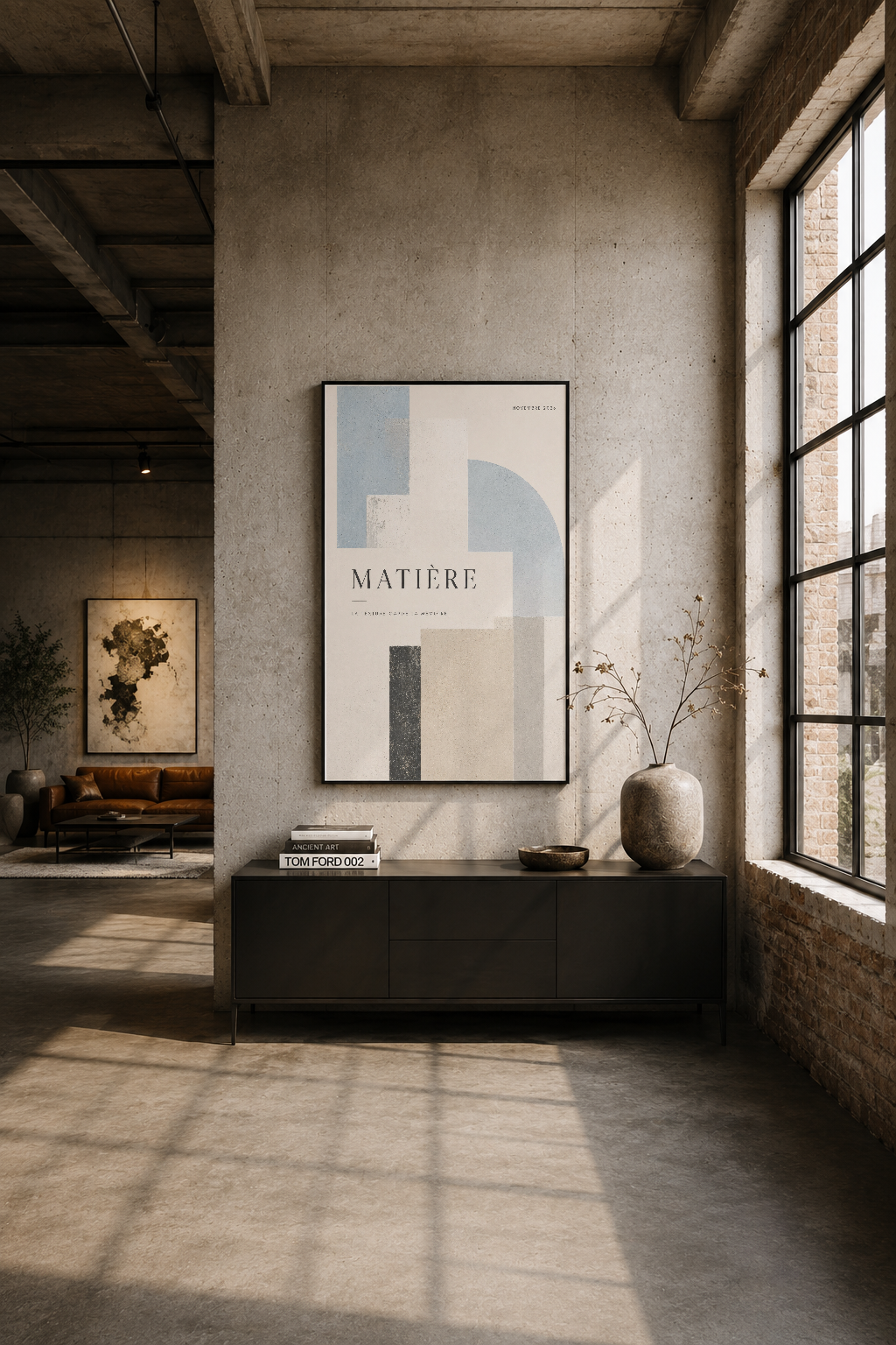 Matière tablosu endüstriyel loft alanında, beton duvarda siyah çerçeveli, minimalist duvar sanatı sergileniyor.