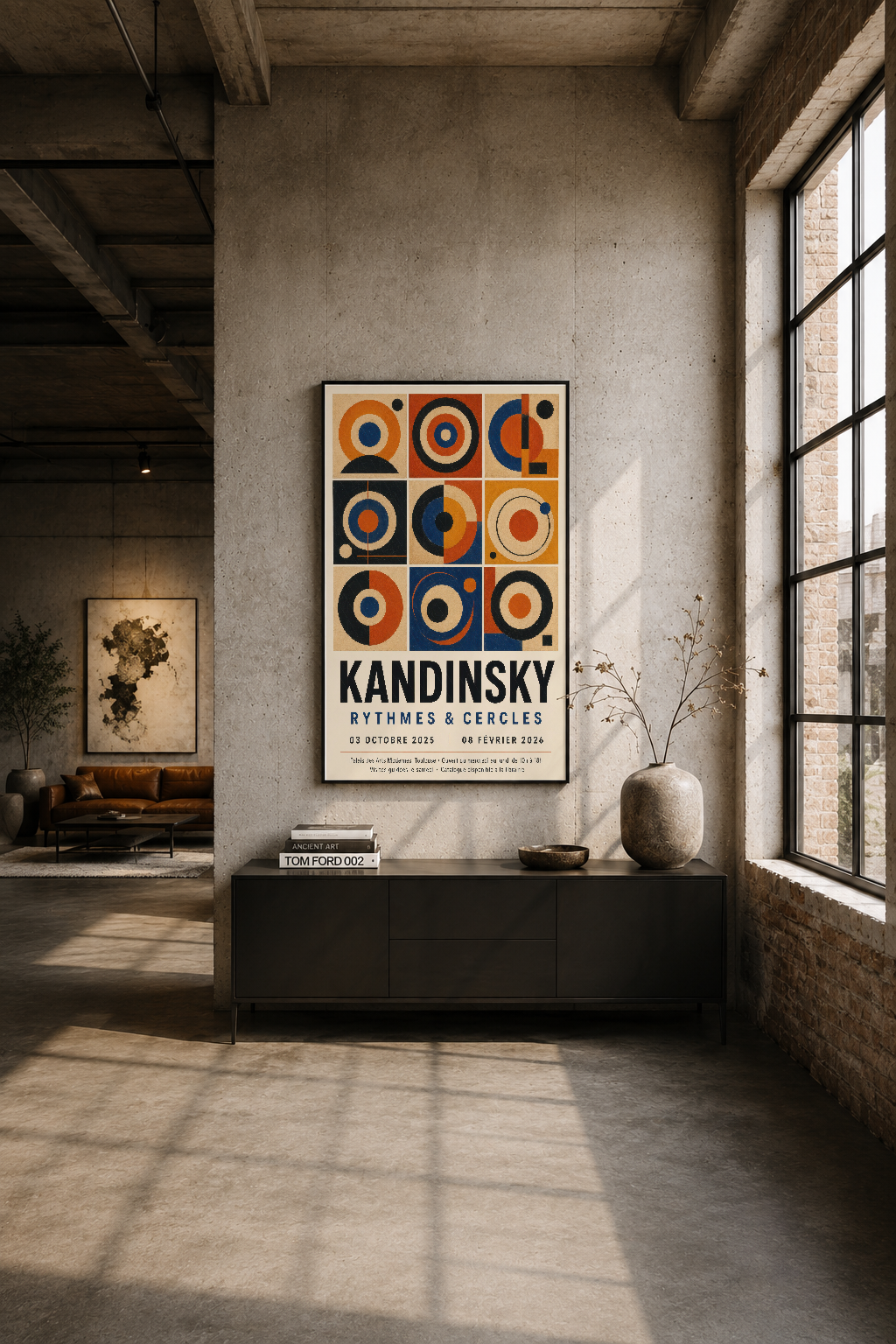 Modern loft alanında, betonun karşısında siyah çerçeveli Kandinsky tablosu, soyut sanatın sofistike estetik tadını sunar.