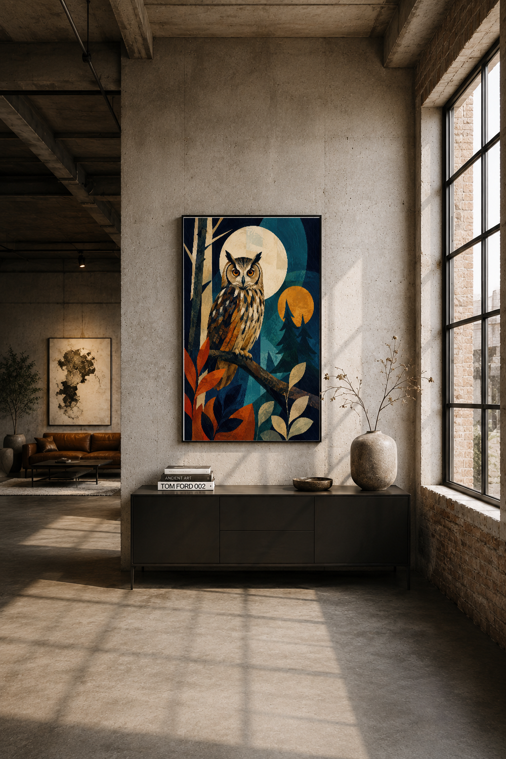 Endüstriyel loft dekorunda, siyah çerçeveli baykuş tablosu beyaz duvar üzerinde göz alıcı odak noktası.