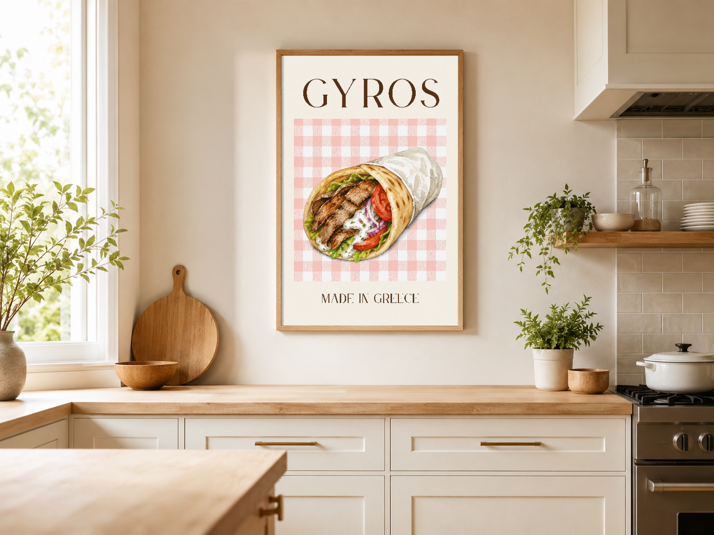 Mutfak tezgahının üstünde ahşap çerçeveli gyros posteri, Yunan inspirasyonlu dekor stilini yansıtan.