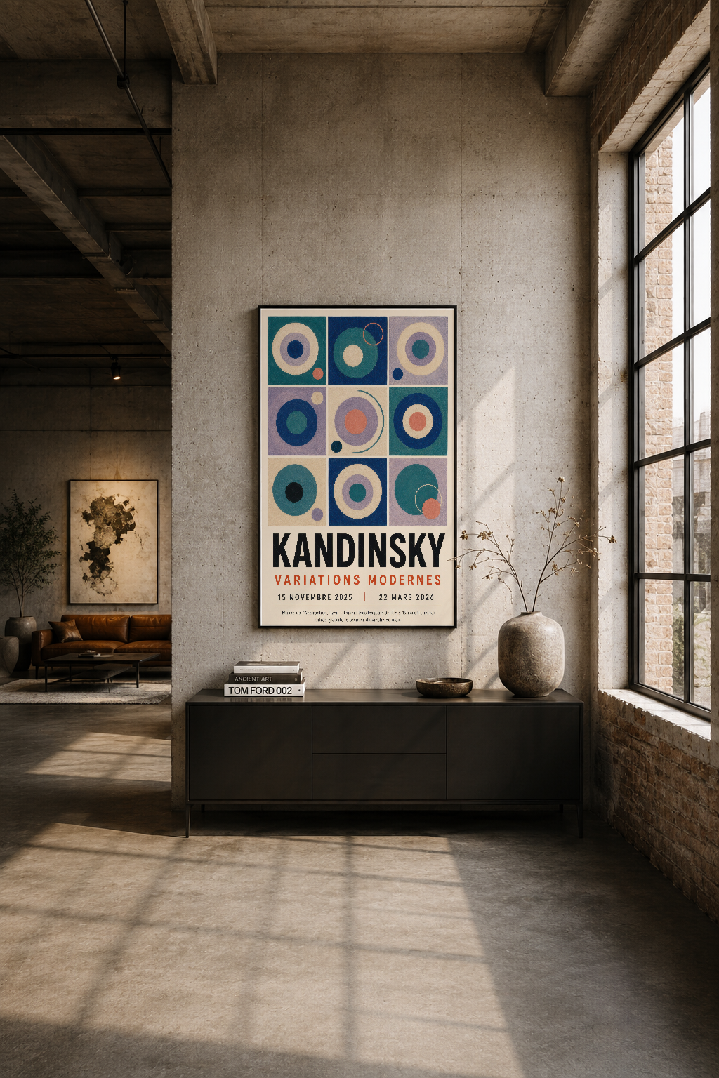 Endüstriyel tasarımlı odada siyah çerçeveli Kandinsky posterinin ışık alan duvarında asılı hali, modern minimalizm ve sanatın