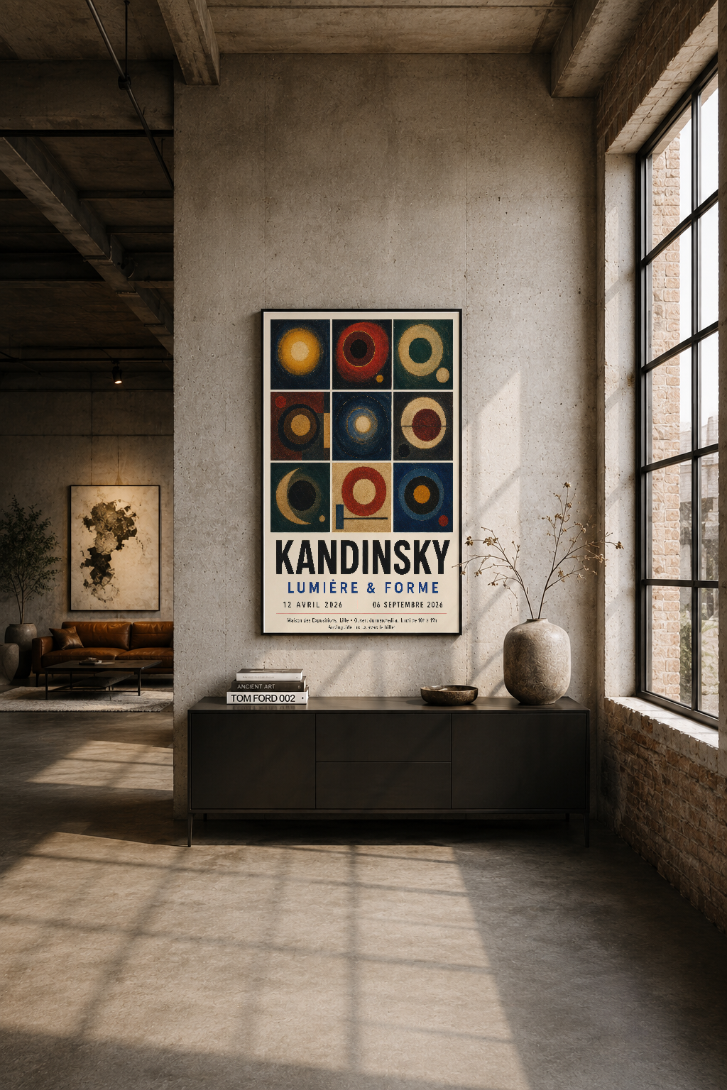 İndüstriyel tasarımlı loft ortamında, betonlu duvar üzerinde siyah çerçeveli Kandinsky sanat posteri sergileniyor.