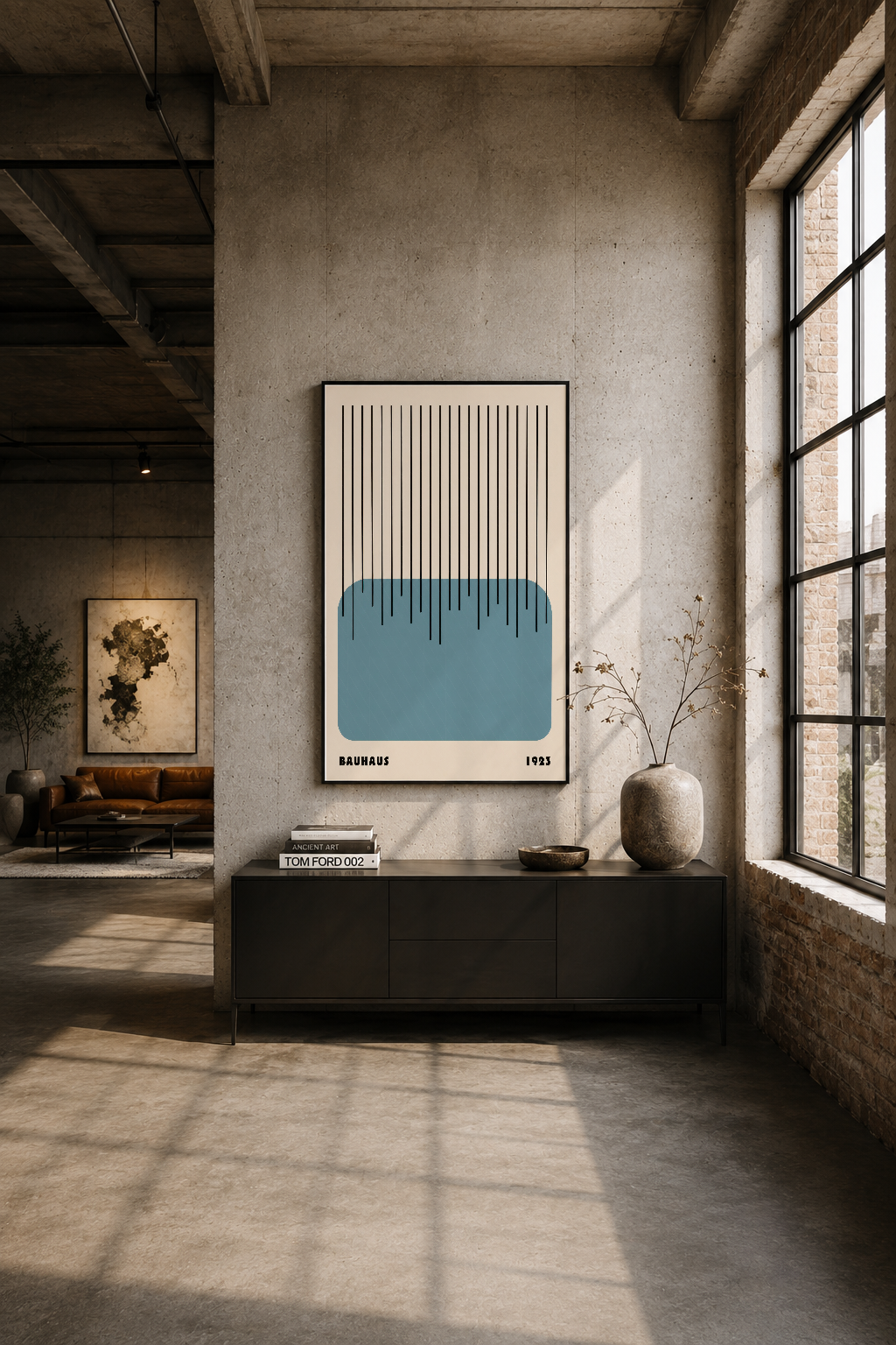 Modern loft alanında, siyah konsol üzerinde çerçeveli Bauhaus poster, endüstriyel dekor ortamında.