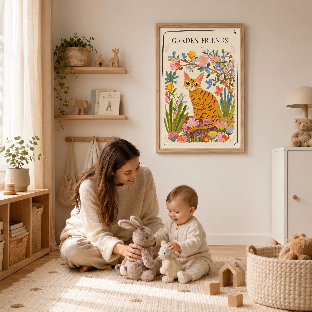 Çocuk odasında ahşap çerçeveli Garden Friends tablosu, renkli çiçekler ve kedi motifleriyle dekoratif bir accent piece.