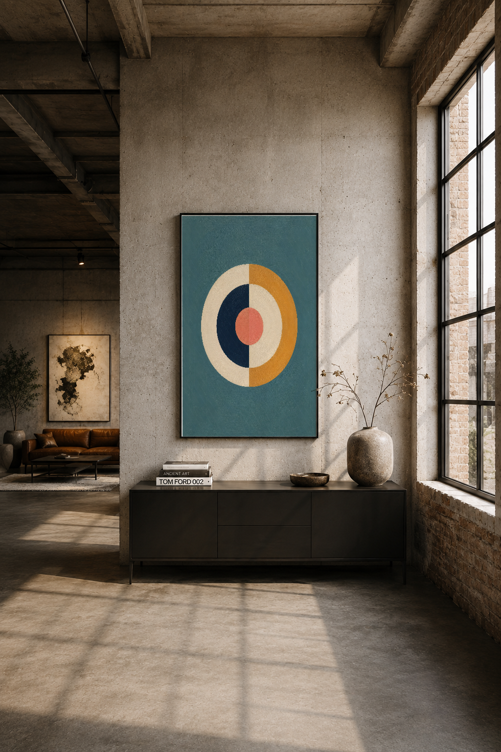 Endüstriyel stilinde, sade duvar üzerinde, ışın gelen pencerenin yanında asılı modern sanat eseri.