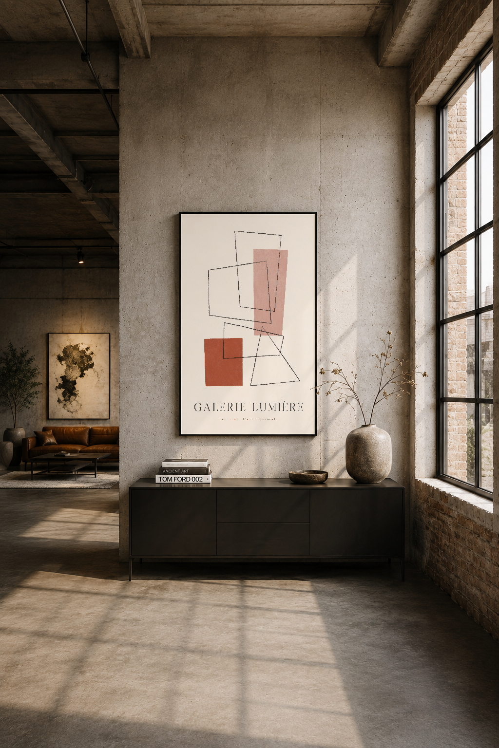 Endüstriyel loft tarzı salon duvarında, siyah çerçeveli minimalist geometrik tasarım tablosu sergileniyor.