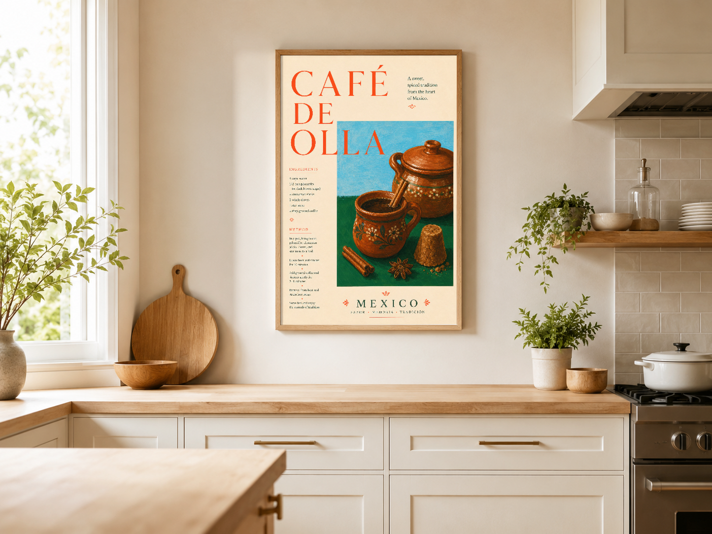 Aydınlık mutfakta, ahşap çerçevede Café de Olla tablosu, masifandaki pide tahtasıyla uyumlu dekoratif ortam oluşturuyor.