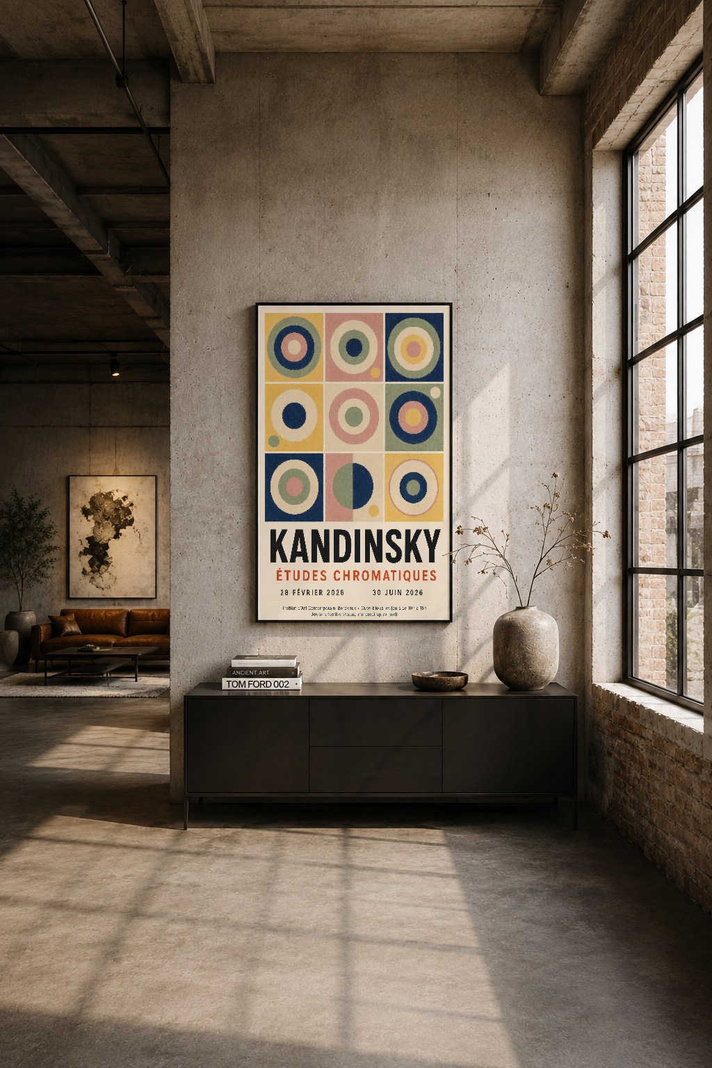 Industrial şık mekanın çimento duvarında, siyah çerçeveli Kandinsky afişi ışıl ışıl duruyor.
