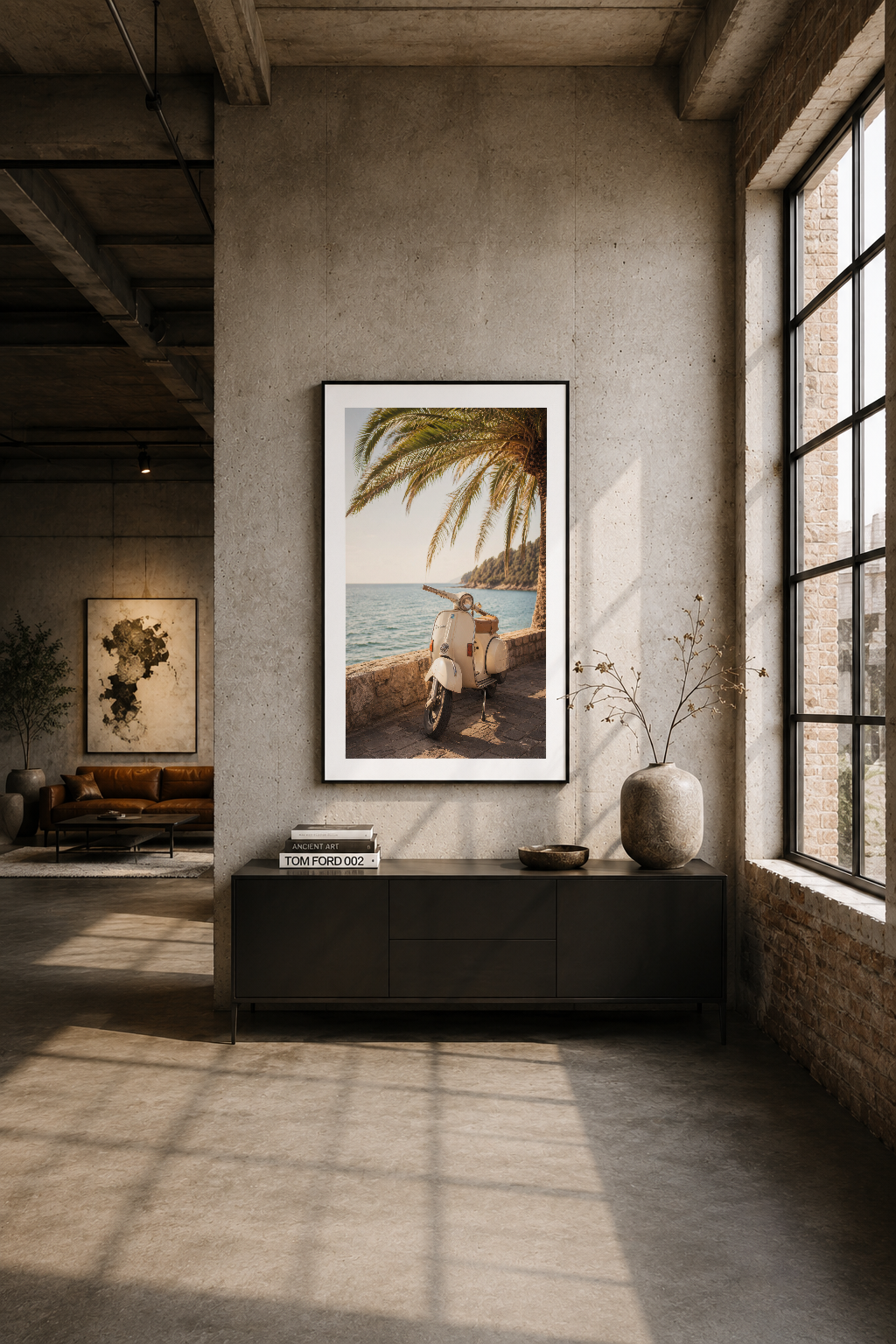 Modern loft stilinde siyah çerçeveli poster, endüstriyel duvarla uyumlu deniz temalı sanat eseri