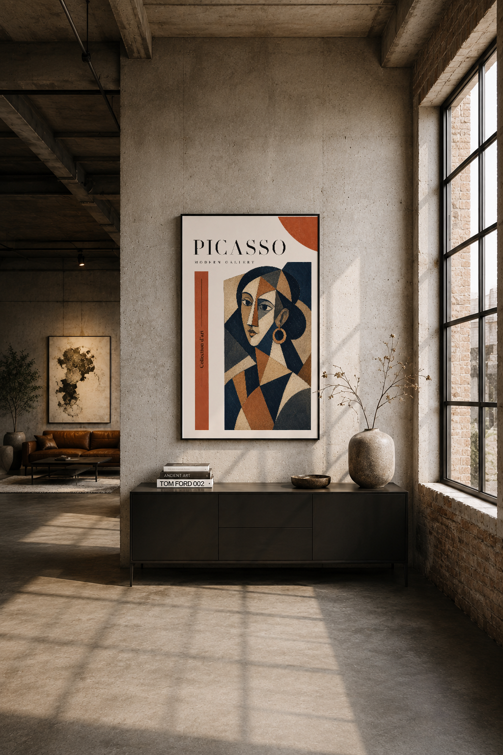 İndüstriyel betonarme duvarın karşısında, siyah çerçeveli Picasso tablosu minimalist loft estetiğini şekillendiriyor.