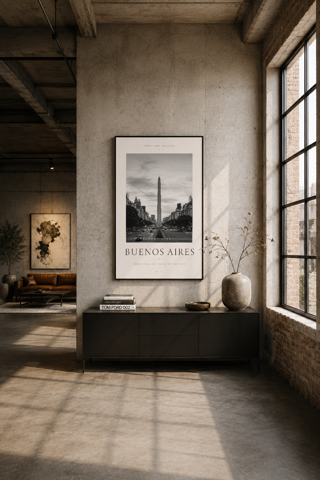 Modern endüstriyel mekanda duvar üzerine asılı Buenos Aires şehir tasarımı poster.