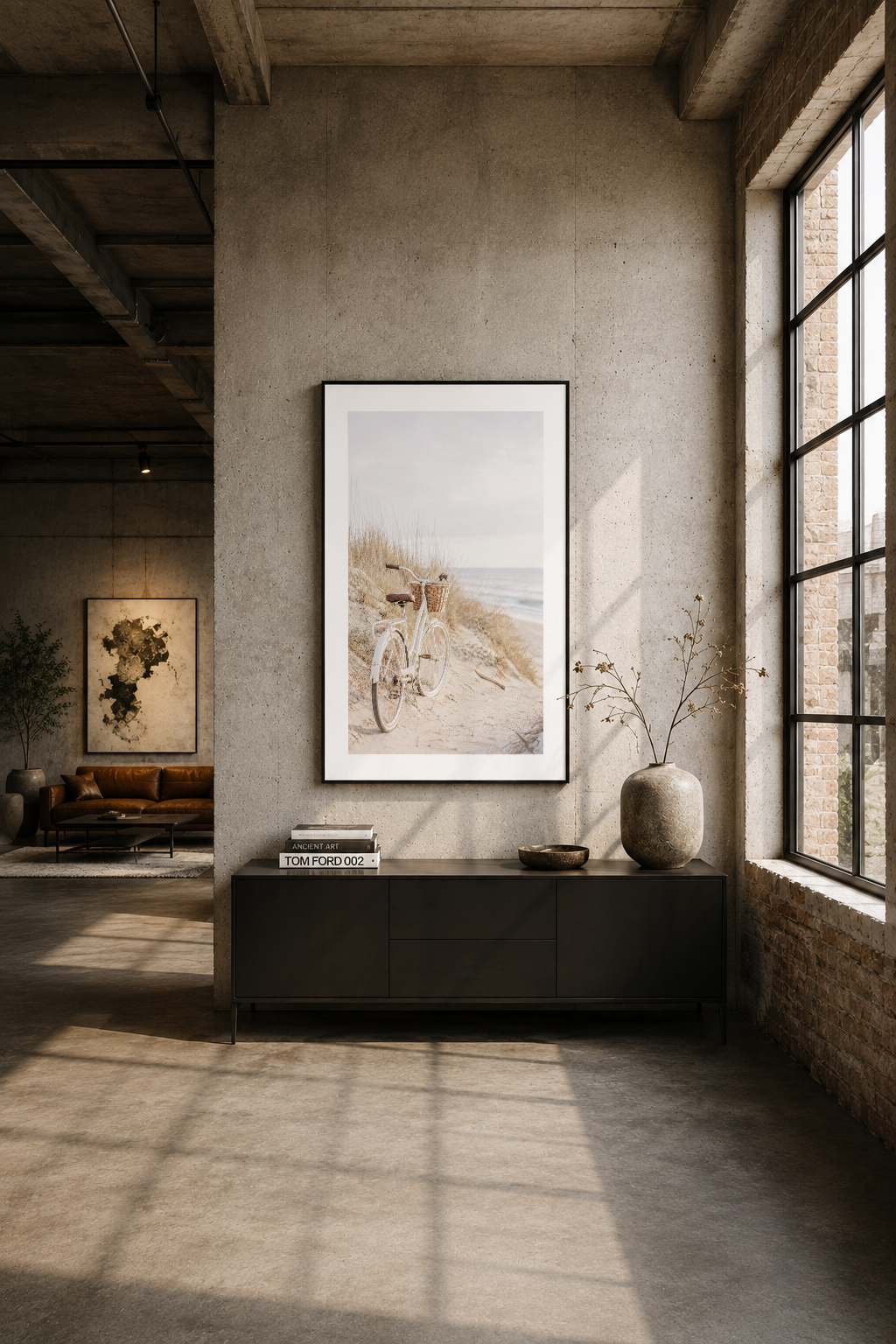 Endüstriyel loft dekorunda siyah çerçeveli poster, bisiklet temasıyla minimaliste duvar sanatı.