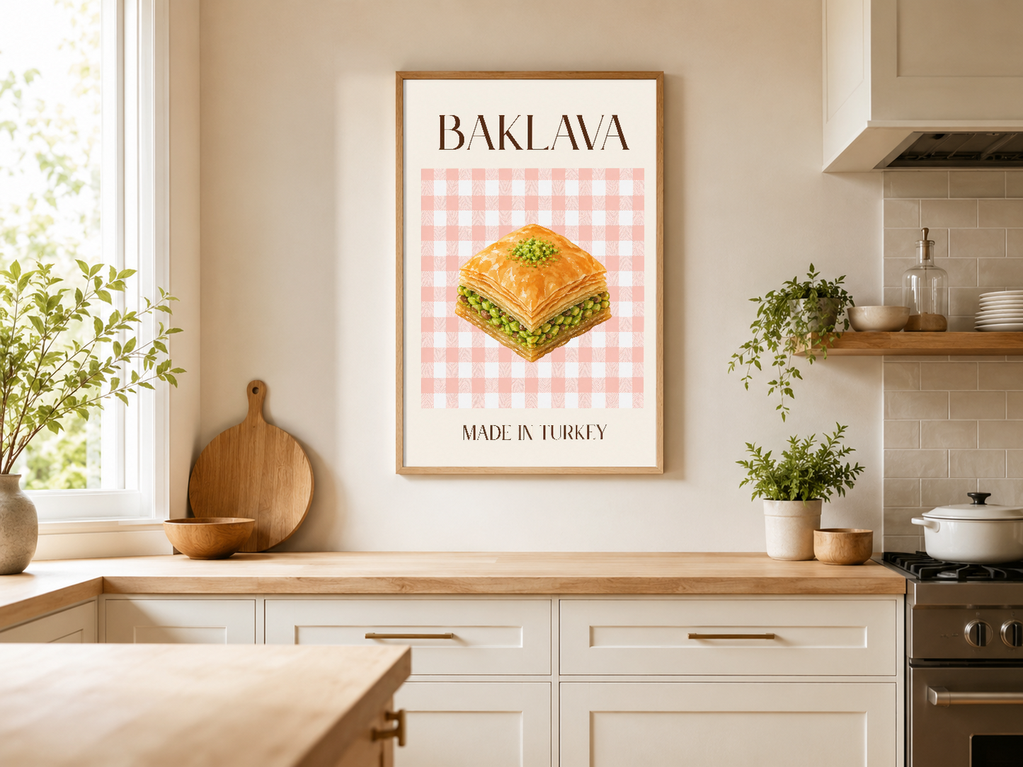 Ahşap çerçeveli Baklava tablosu, aydınlık mutfakta doğal ışık alan, dekoratif unsurlar arasında sergilenen tatlı sanatı.