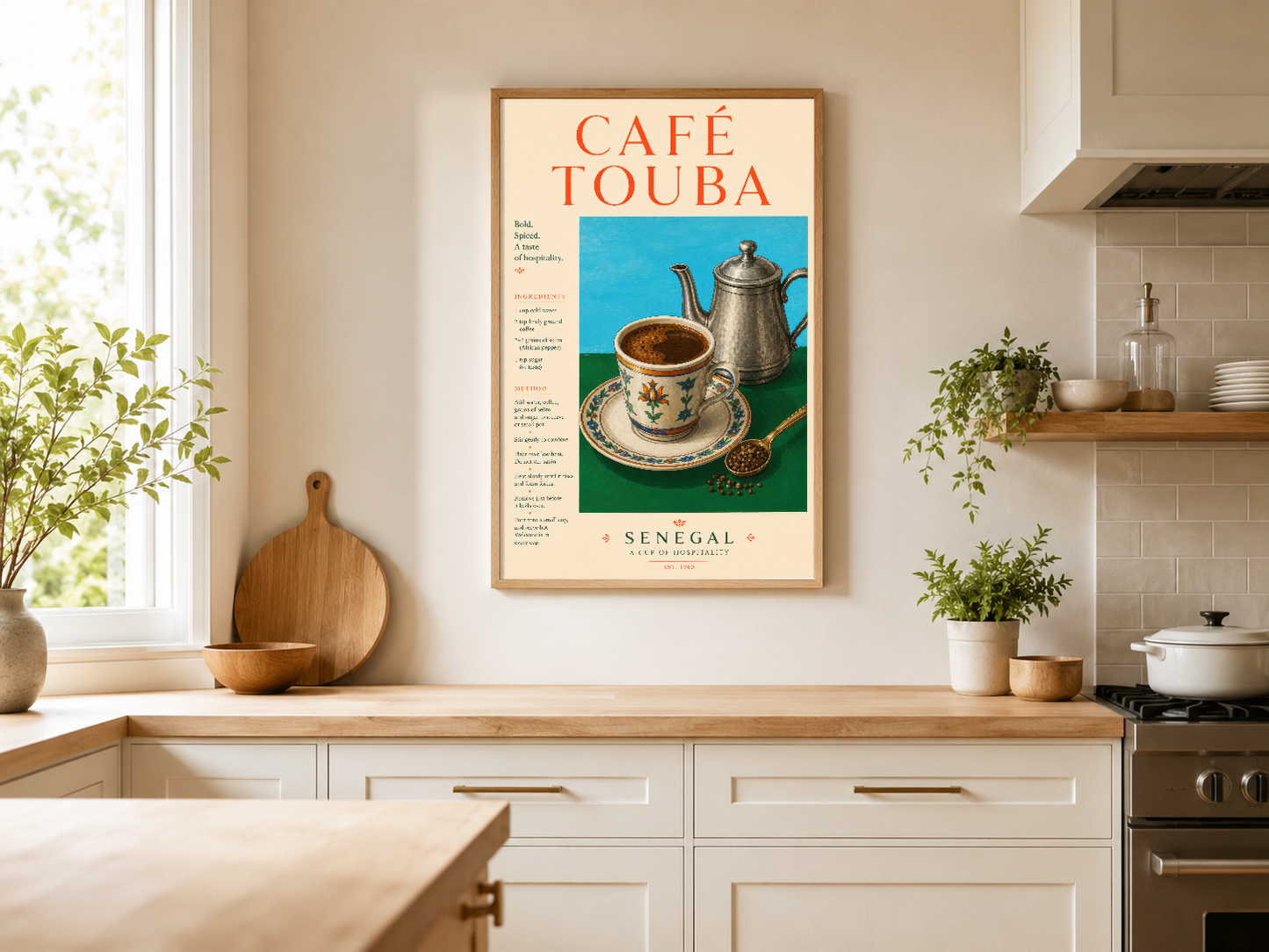 Moderna mutfakta ahşap çerçeveli Café Touba tablosu, aydınlık pencerenin yanında asılı, şık dekorasyon.