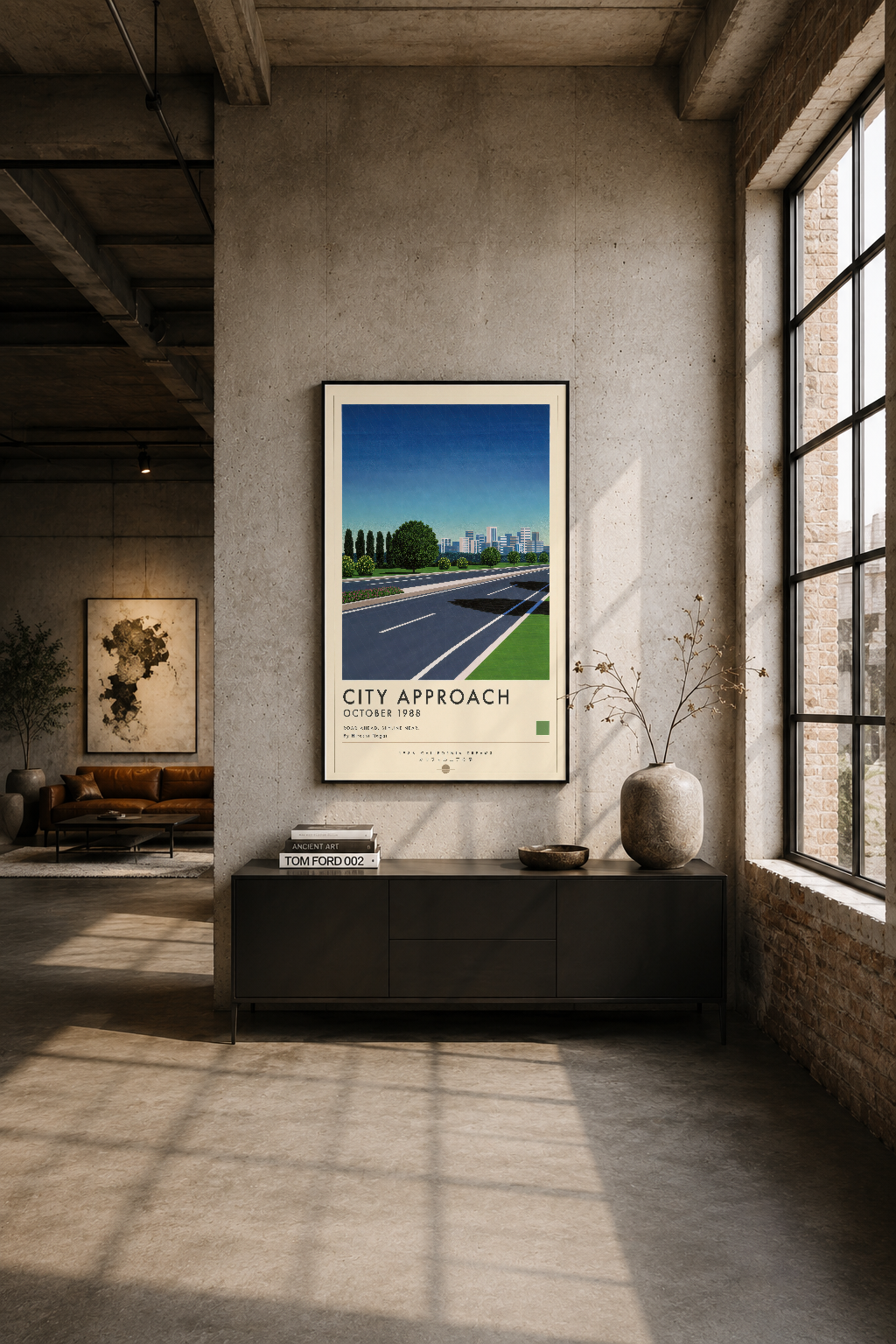 Endüstriyel loftta siyah çerçeveli City Approach tablosu, çimento duvarda ve modern mobilyalar arasında sergileniyor