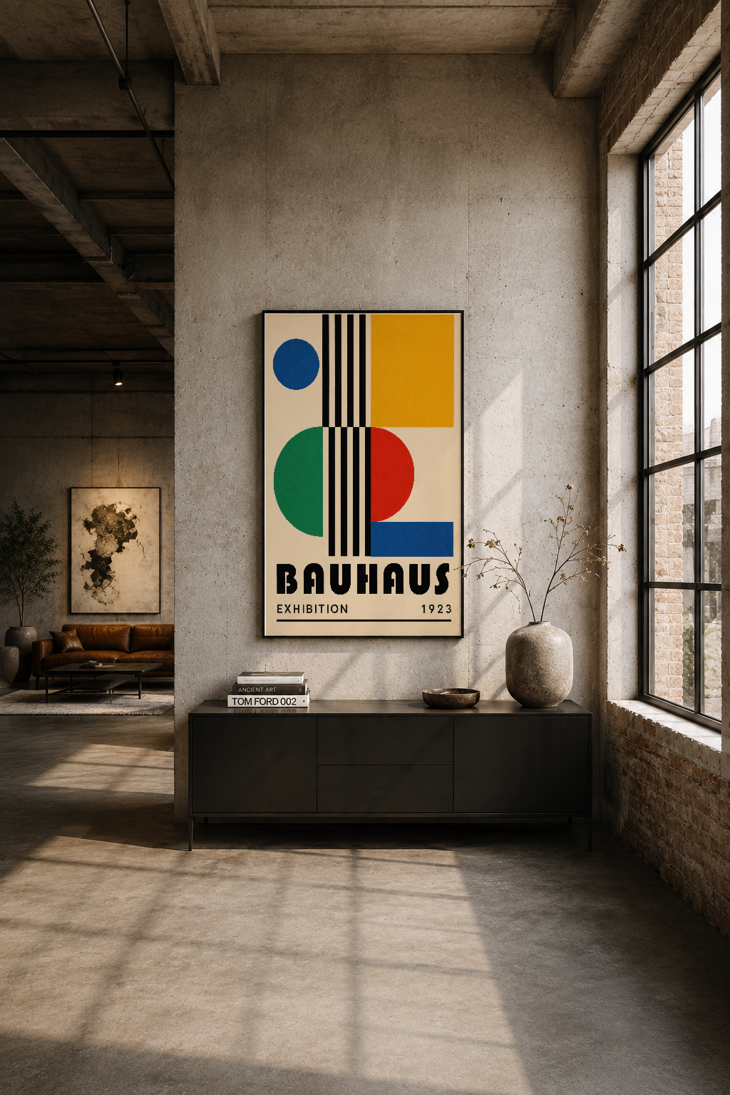 Industrial tarzı oturma odasında, beton duvar üstünde Bauhaus 1923 sergi afişi tablosu asılı.