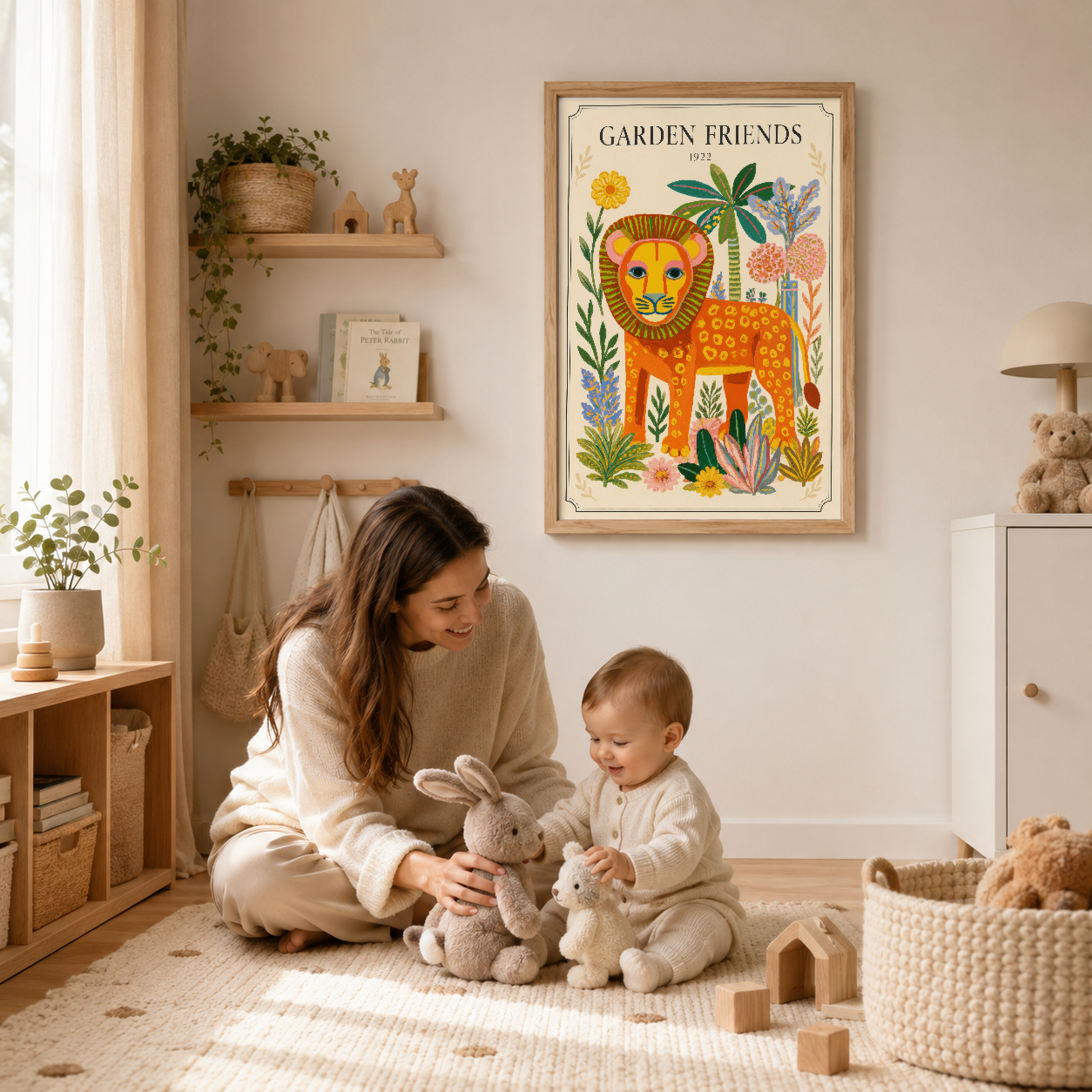 Garden Friends tablosu ahşap çerçeveli, çocuk odasının duvarında oyuncakların arasında yer alan canlı renklerde aslan